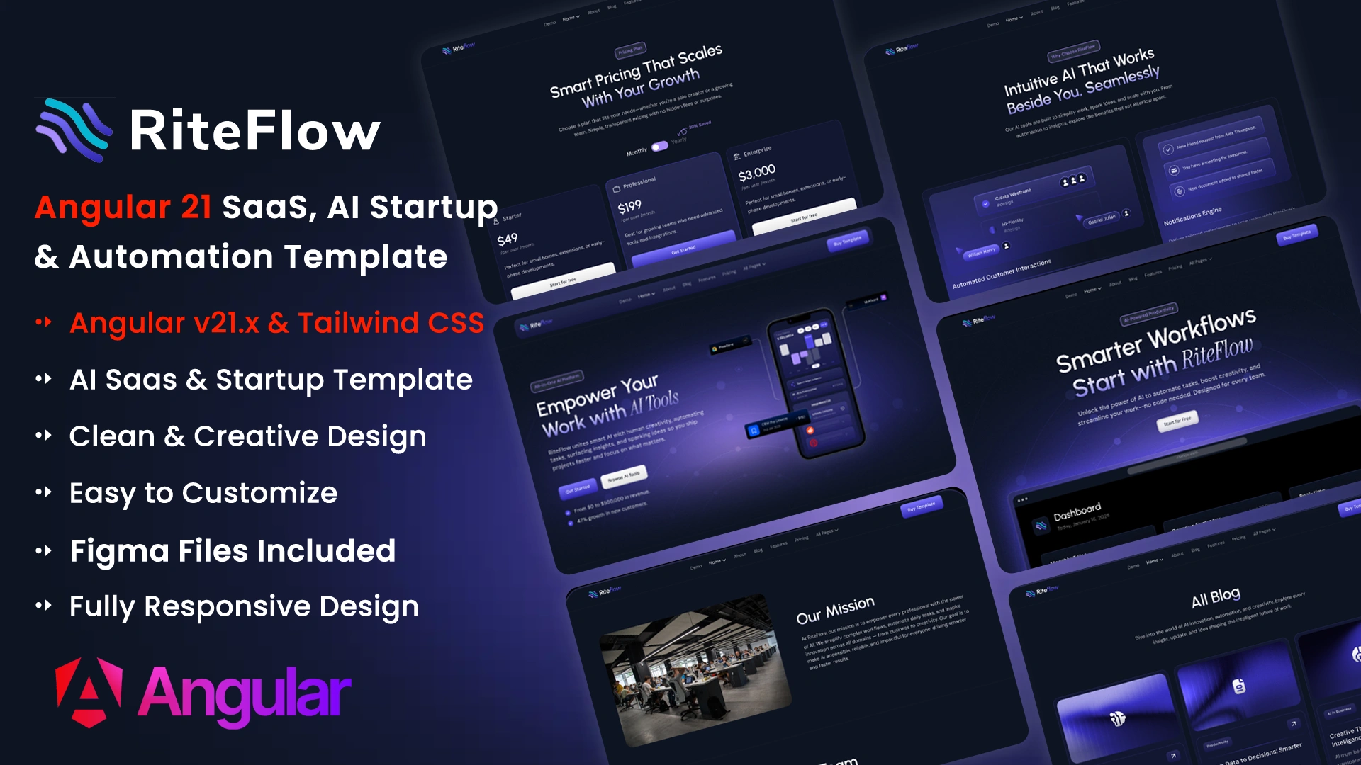 RiteFlow - Angular 21 AI Startup, SaaS & Automation Tech Business Template