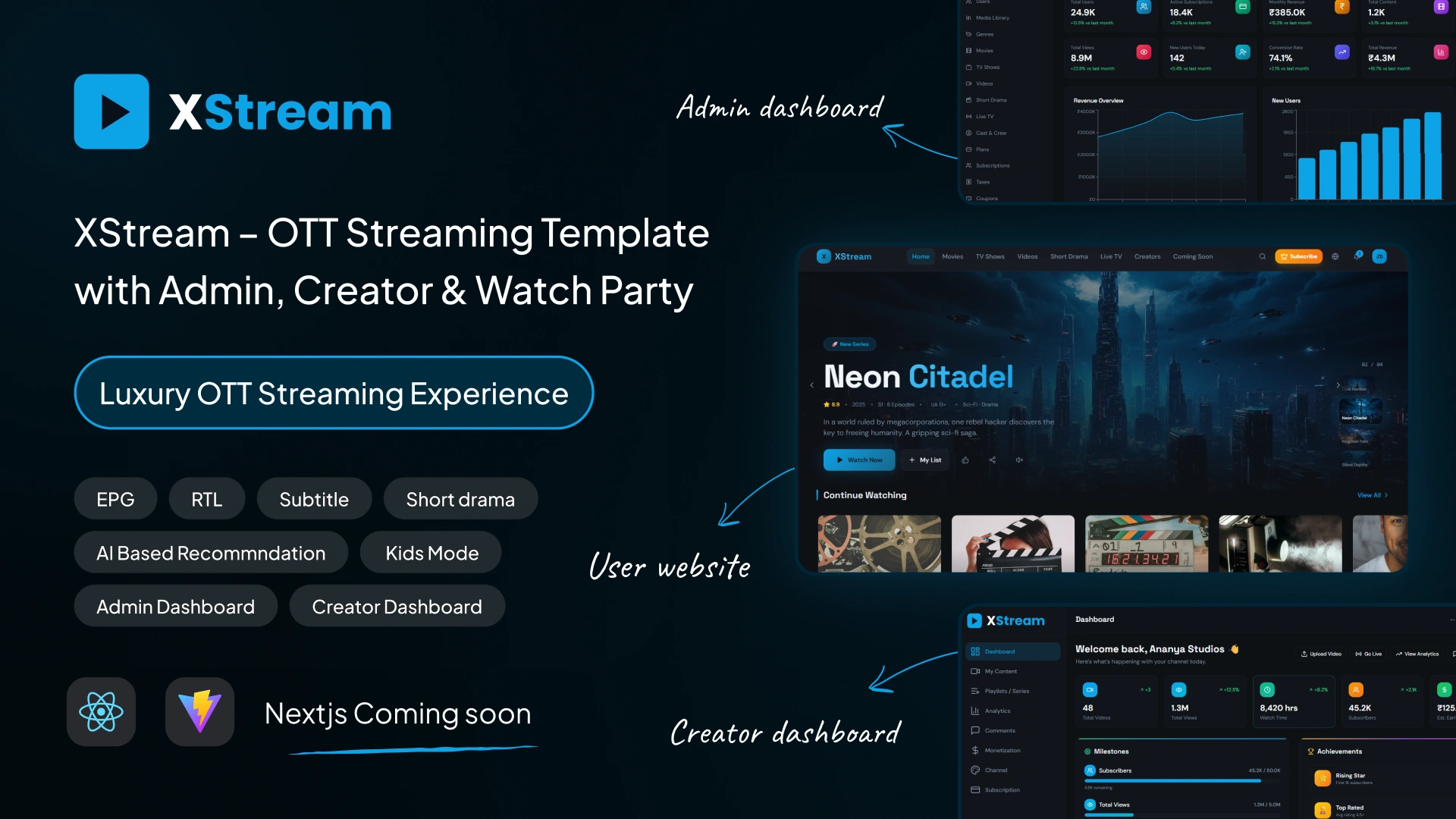 XStream - OTT Streaming React Template with Admin, Creator and Watch Party