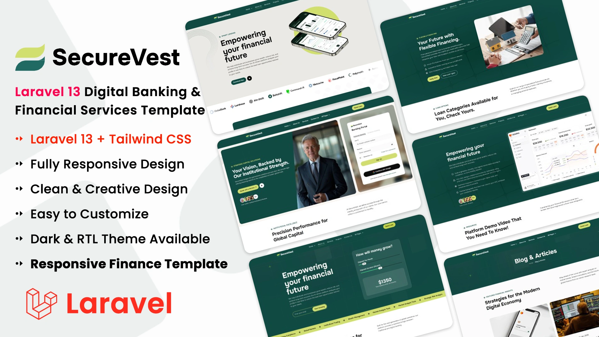 SecureVest - Laravel 13 Digital Banking & Financial Services Template