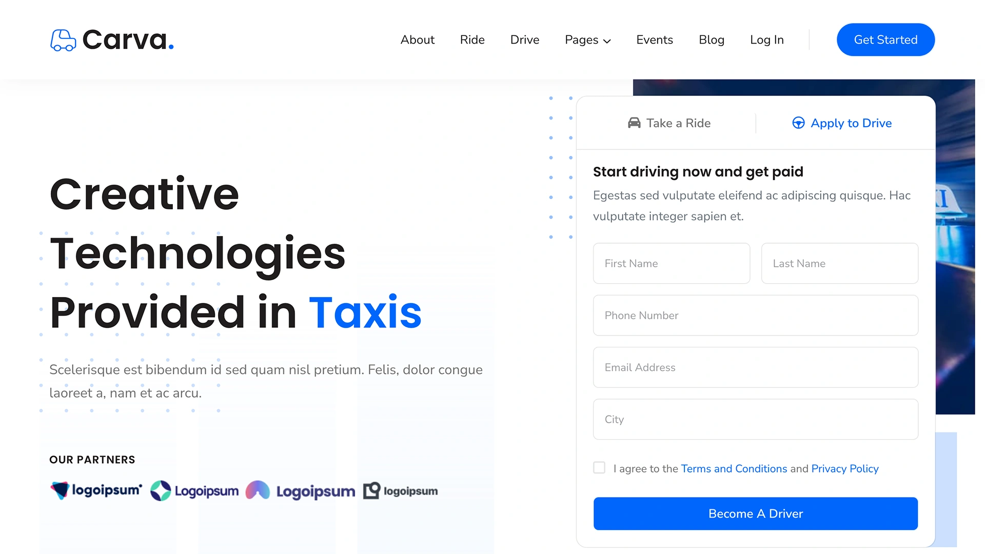 Carva - Ridesharing Taxi HTML Template