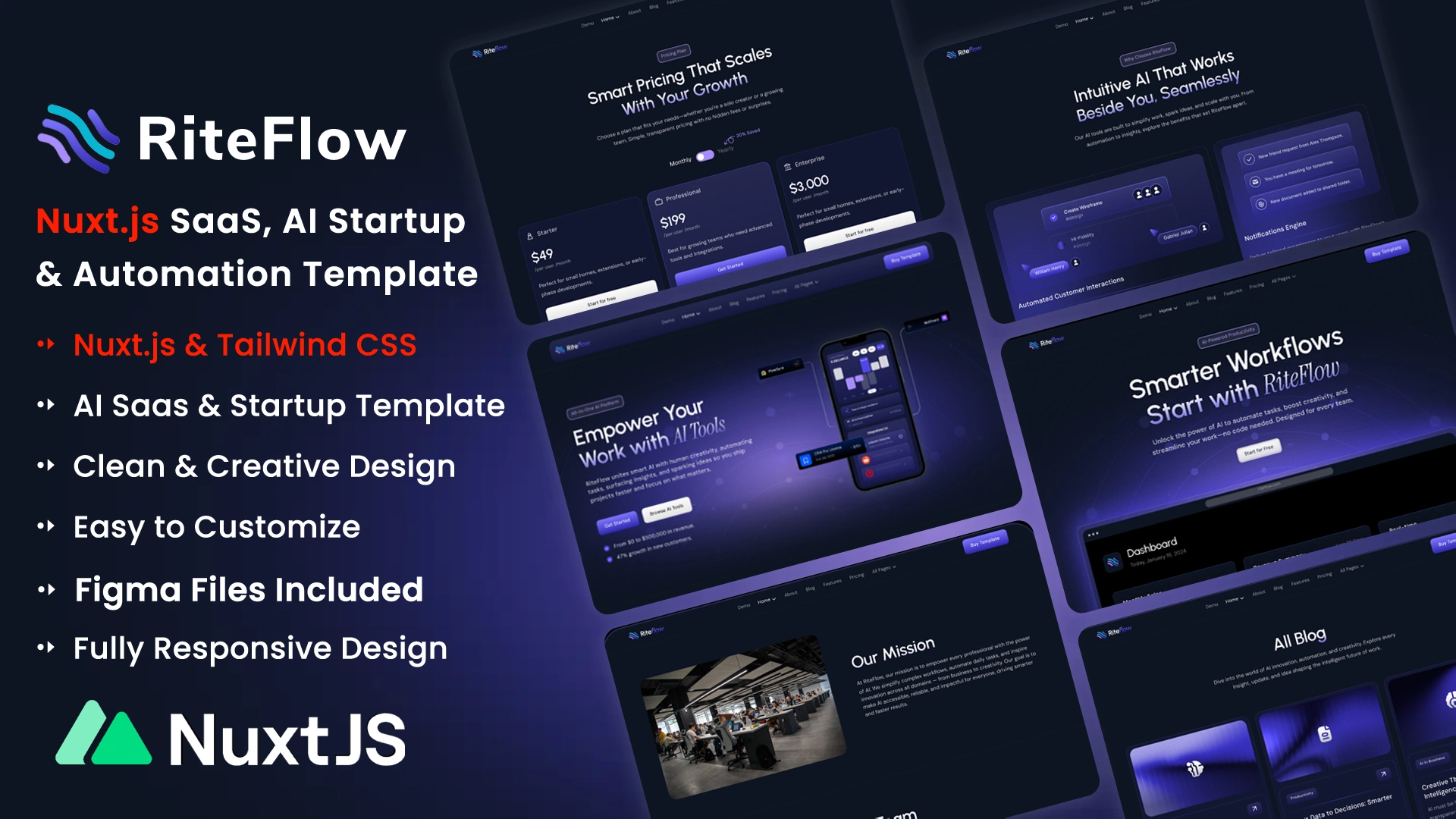 RiteFlow - Nuxt AI Startup, SaaS & Automation Tech Business Template