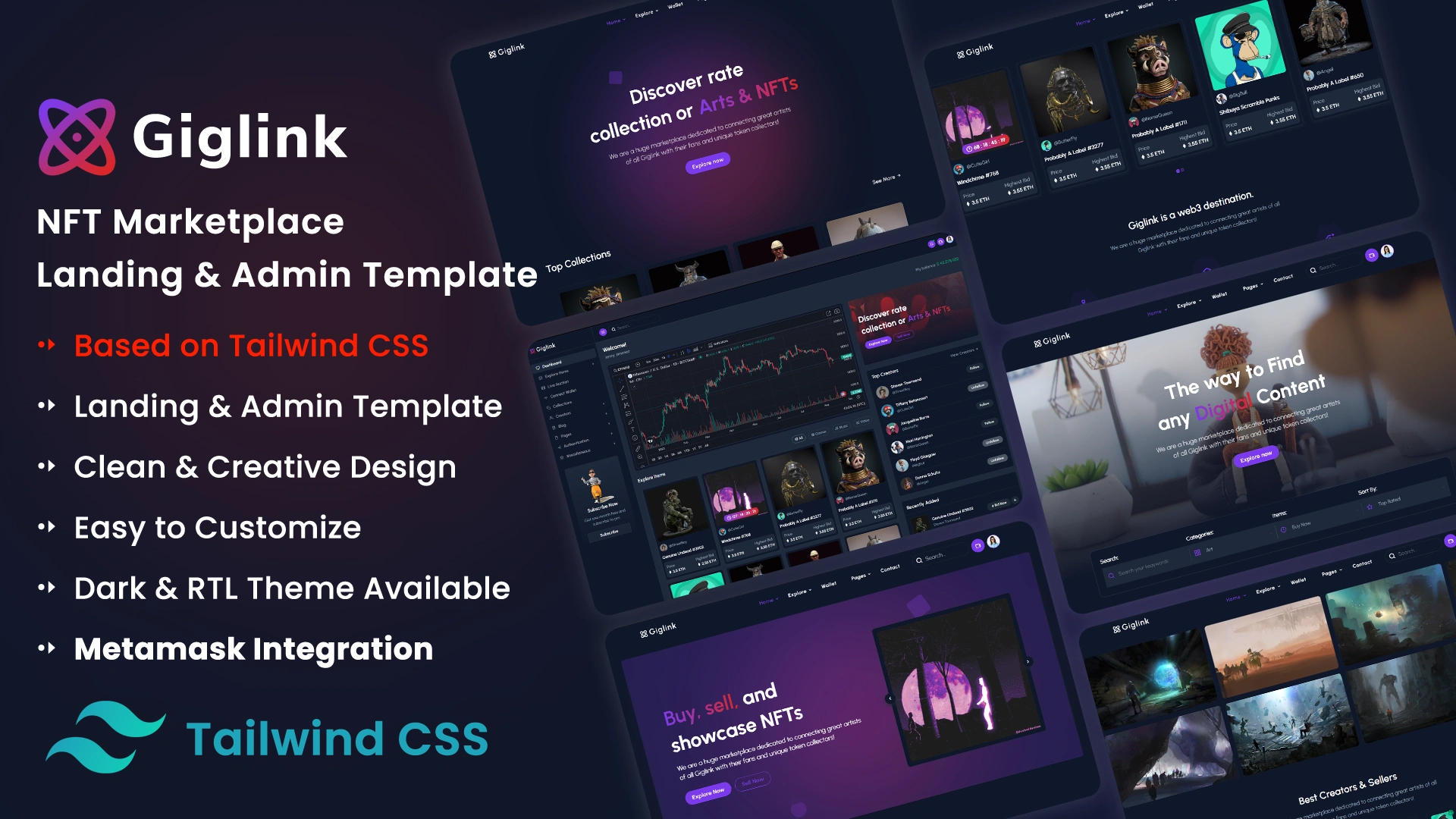 Giglink - NFT Marketplace Landing + Admin Dashboard Template
