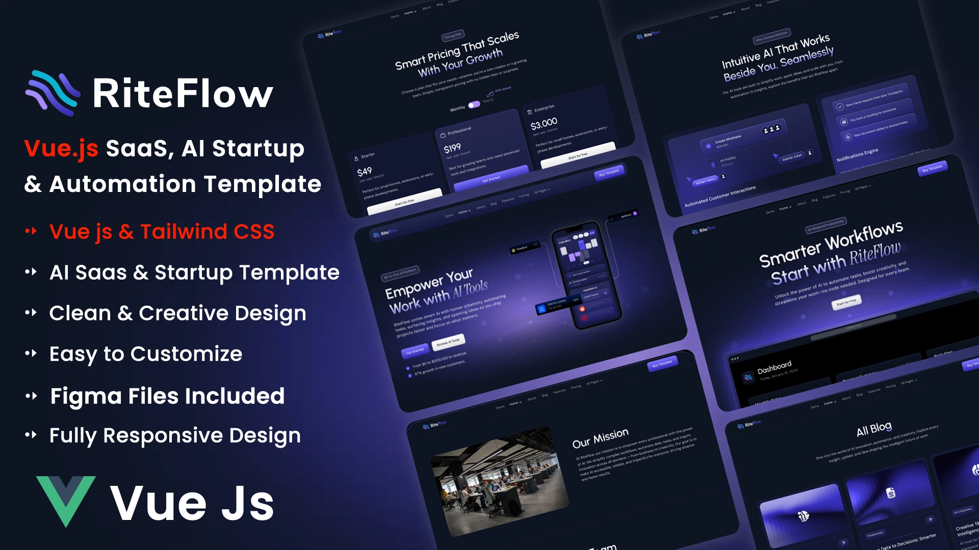 RiteFlow - Vue.js 3 AI Startup, SaaS & Automation Tech Business Template