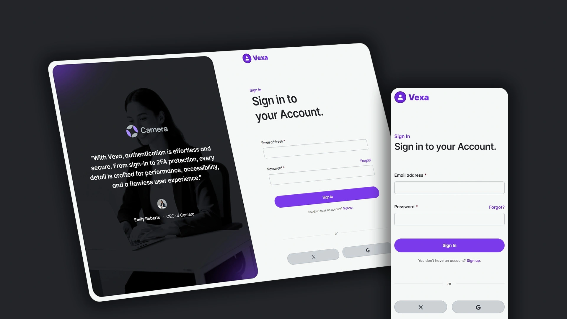 Vexa - HTML Pages for Sign In, Sign Up, 2FA, Reset & Change Password Actions