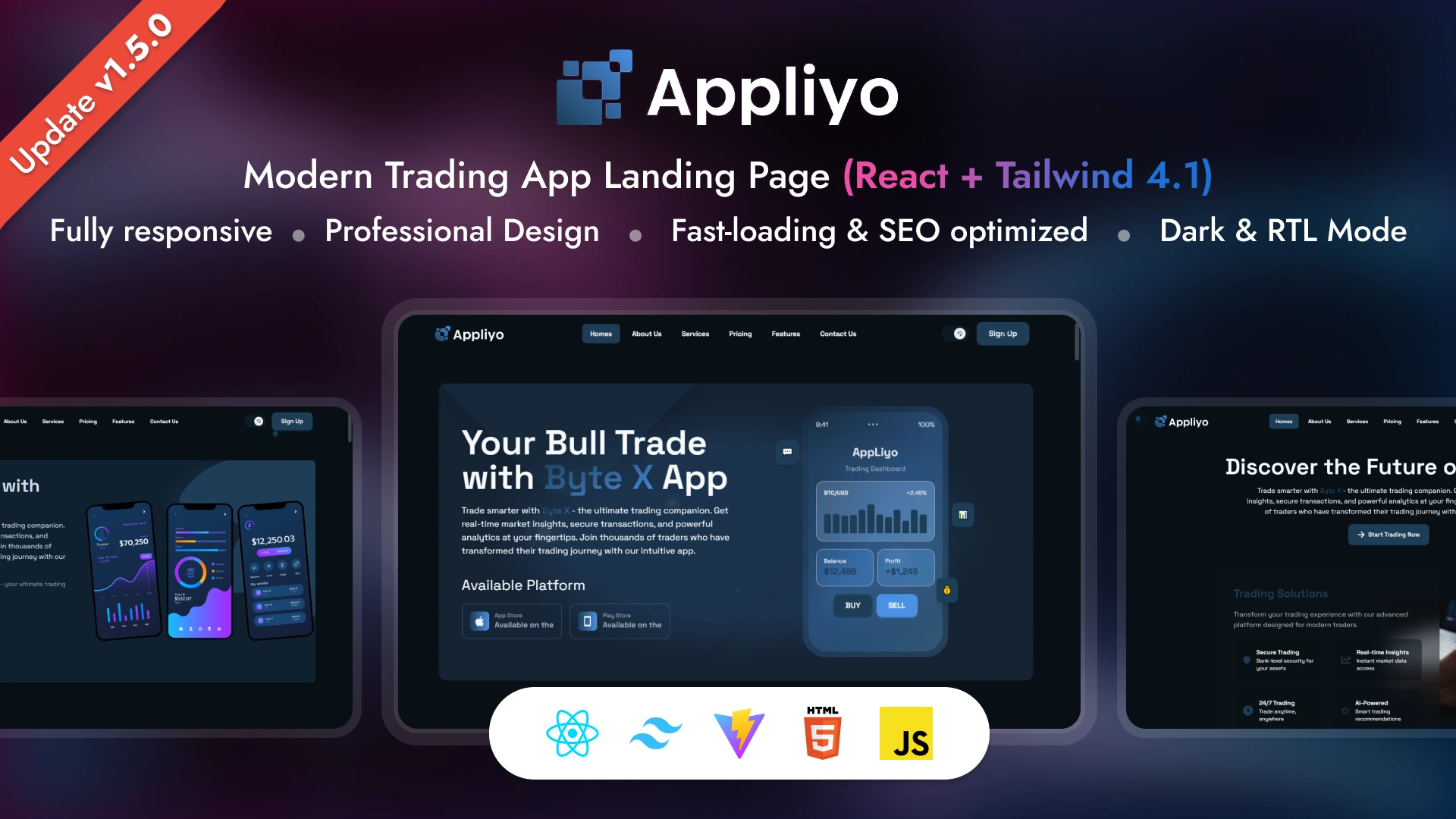 Appliyo - Premium Trading App Landing Page Template React and Tailwind