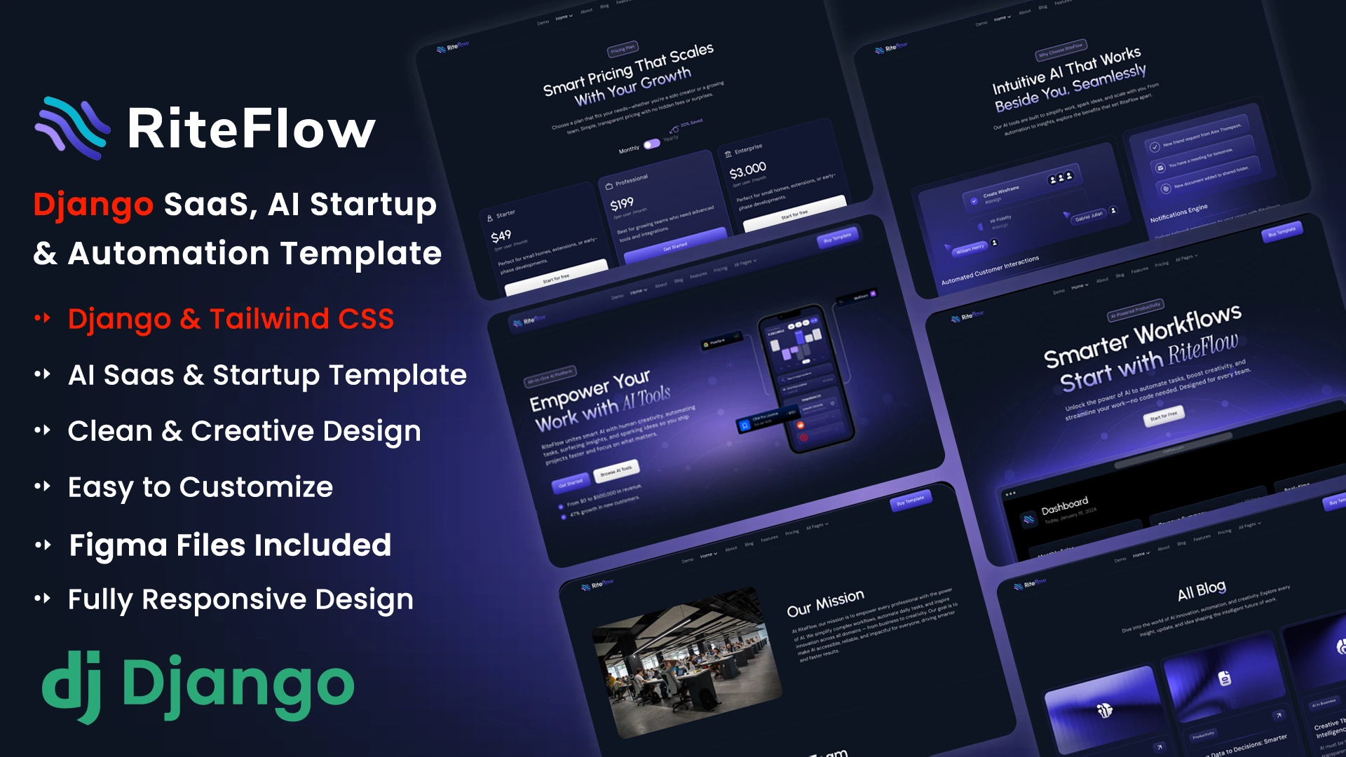 RiteFlow - Django AI Startup, SaaS & Automation Tech Business Template