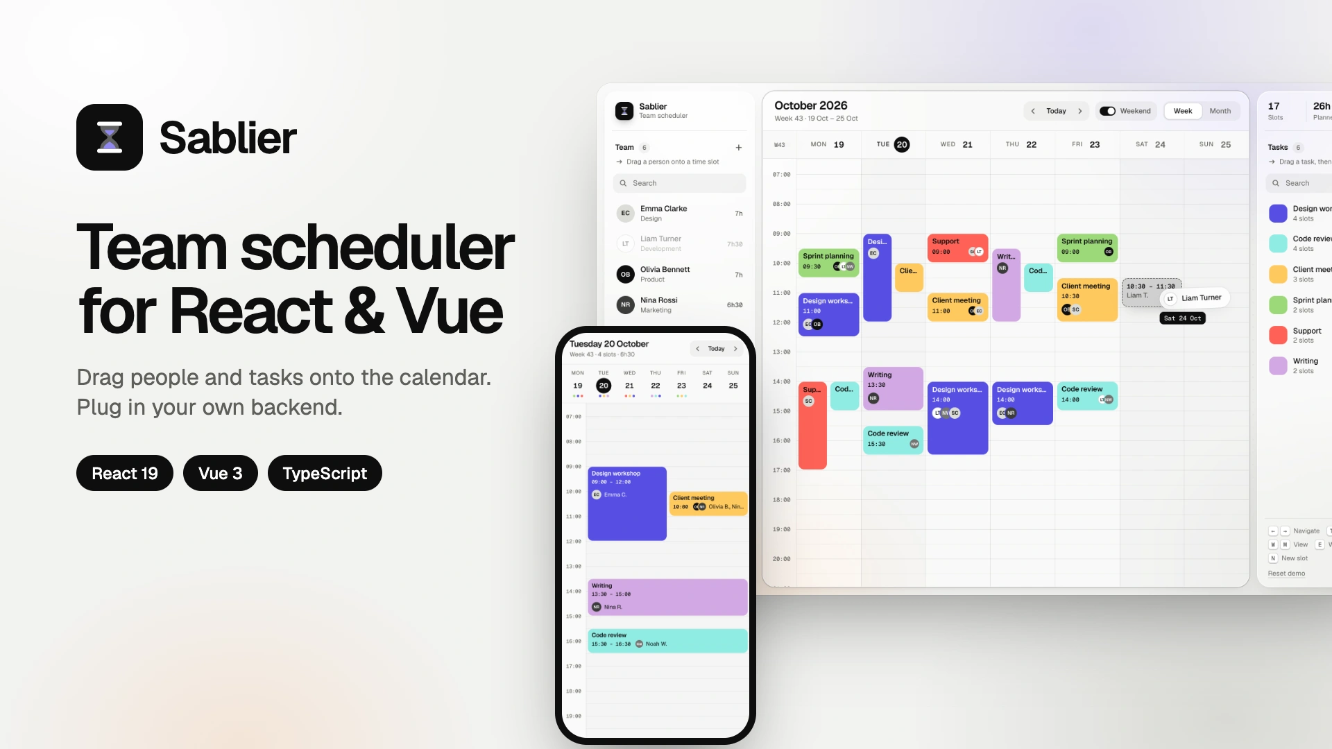 Sablier - Team Scheduler Template with Drag and Drop for React and Vue