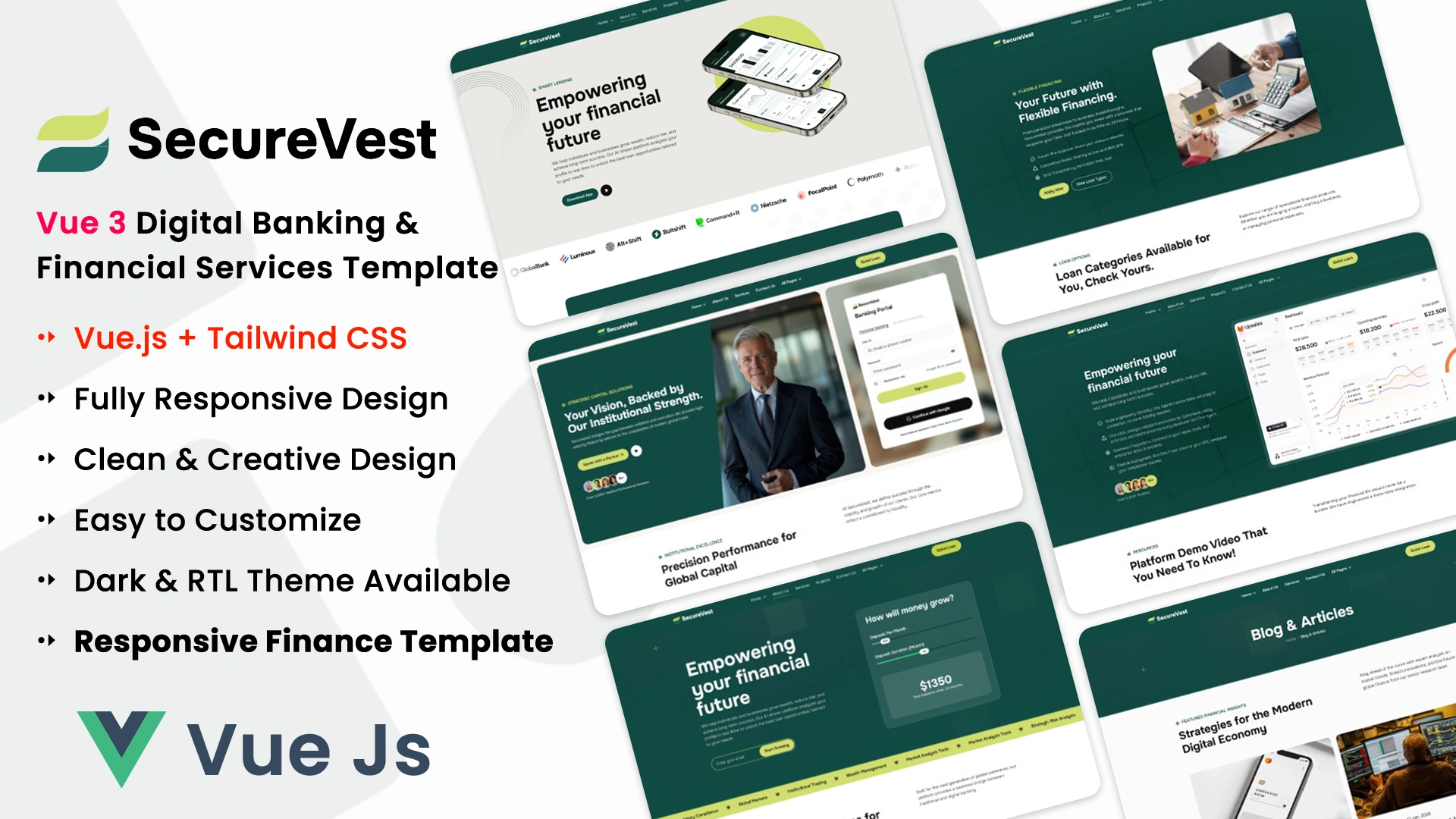 SecureVest - Vue.js Digital Banking & Financial Services Template