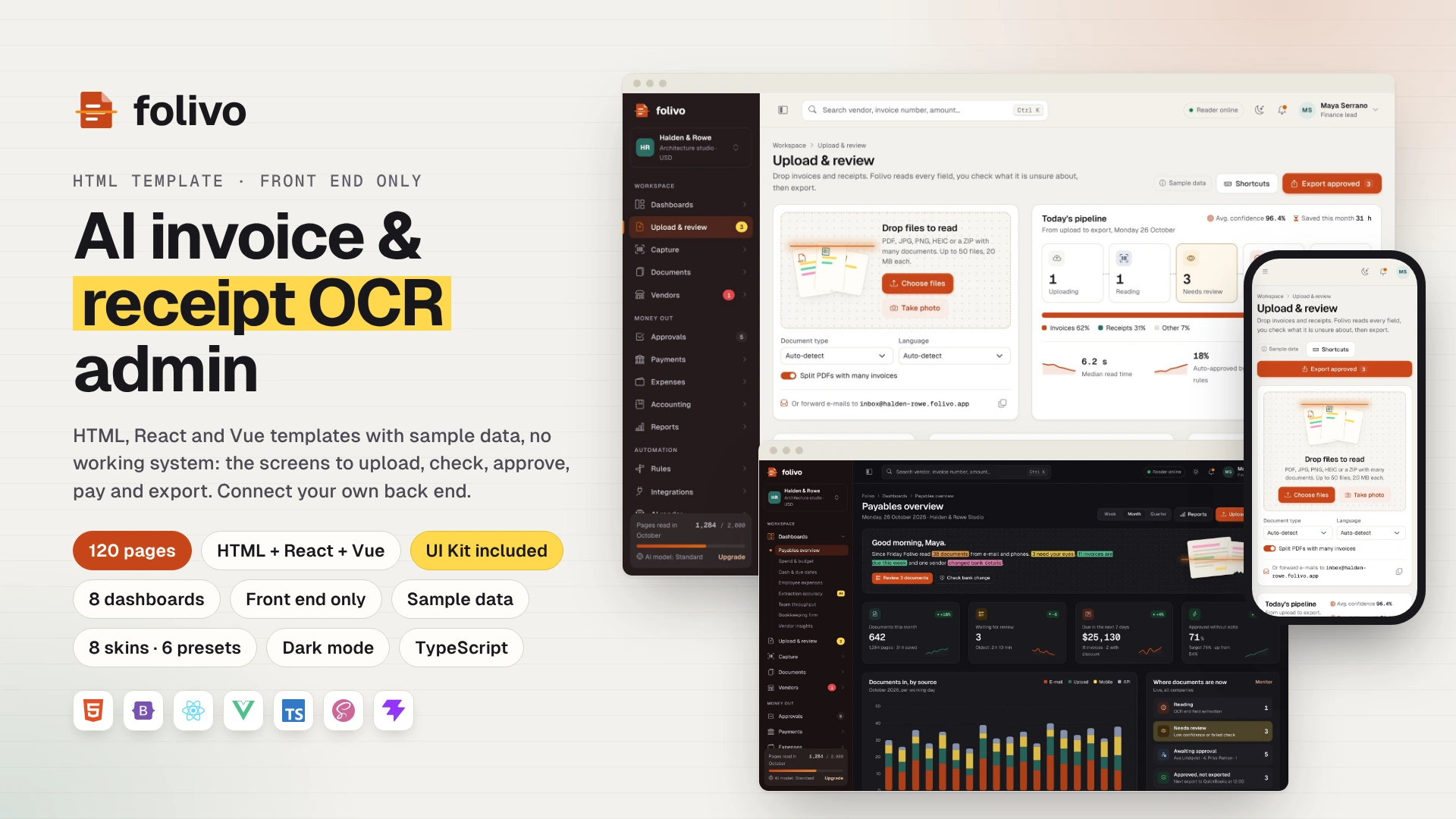 Folivo - AI Invoice & Receipt OCR Admin Dashboard Template HTML, React, Vue