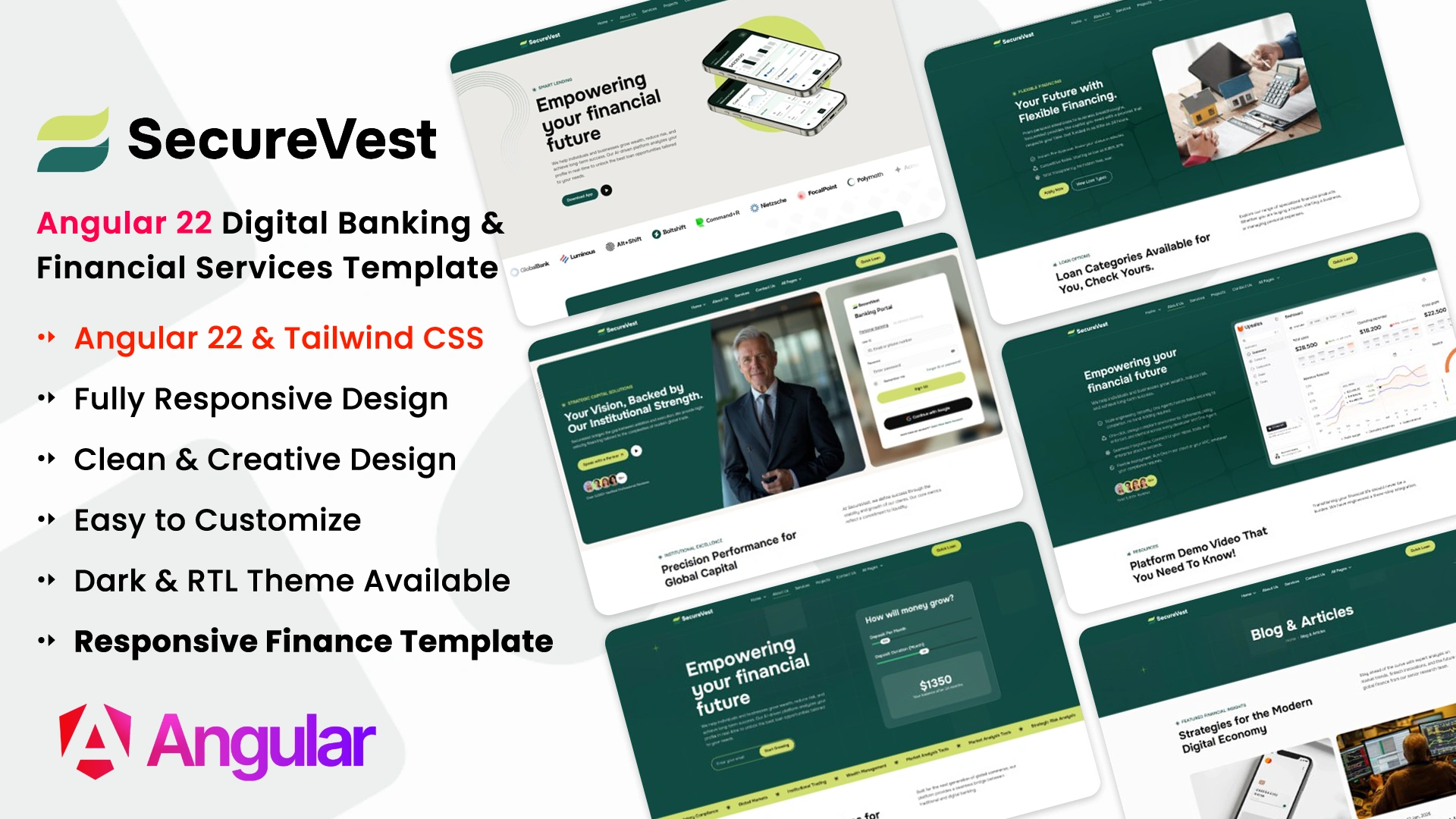 SecureVest - Angular 22 Digital Banking & Financial Services Template