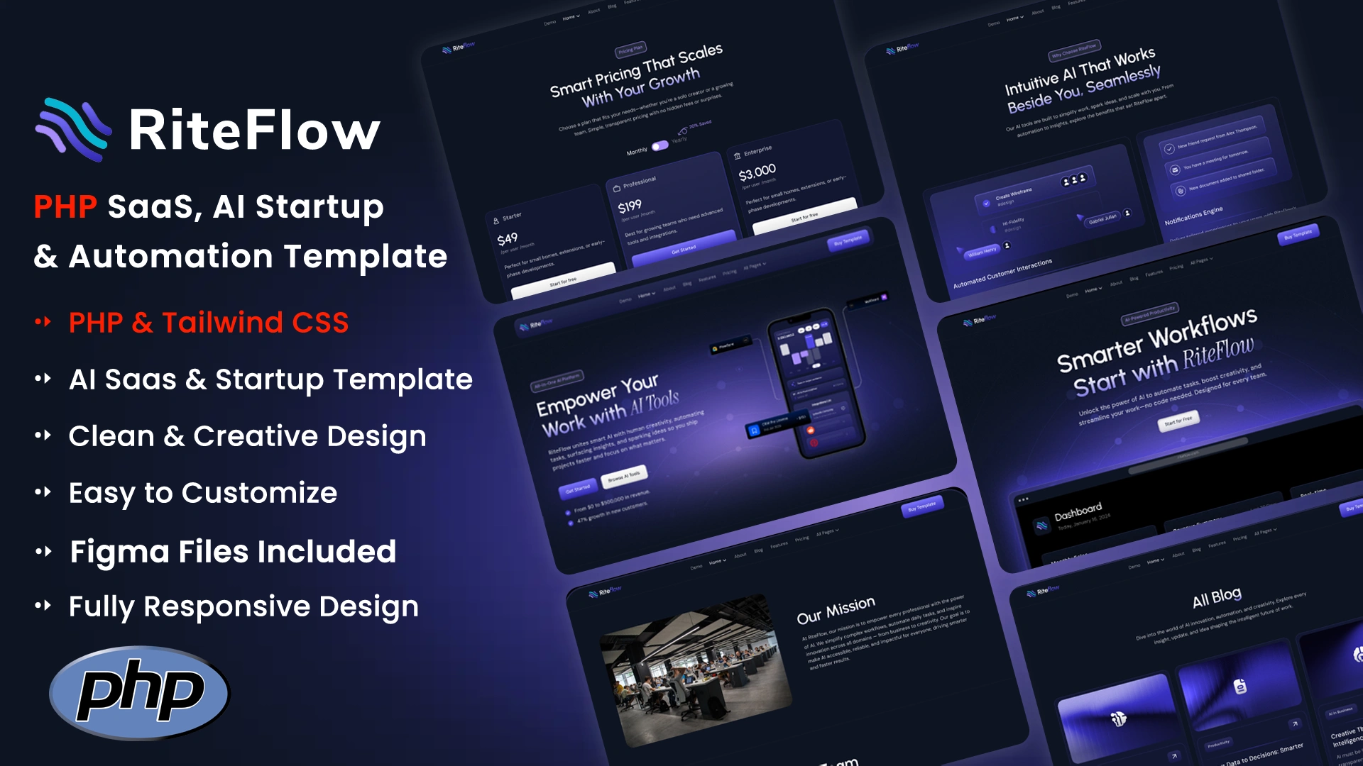 RiteFlow - PHP AI Startup, SaaS & Automation Tech Business Template