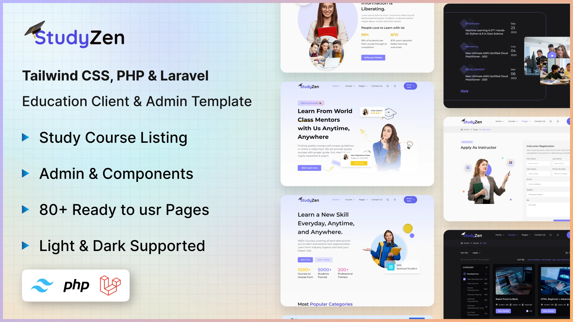 Studyzen - Tailwind CSS, Laravel & PHP Education Client & Admin Template