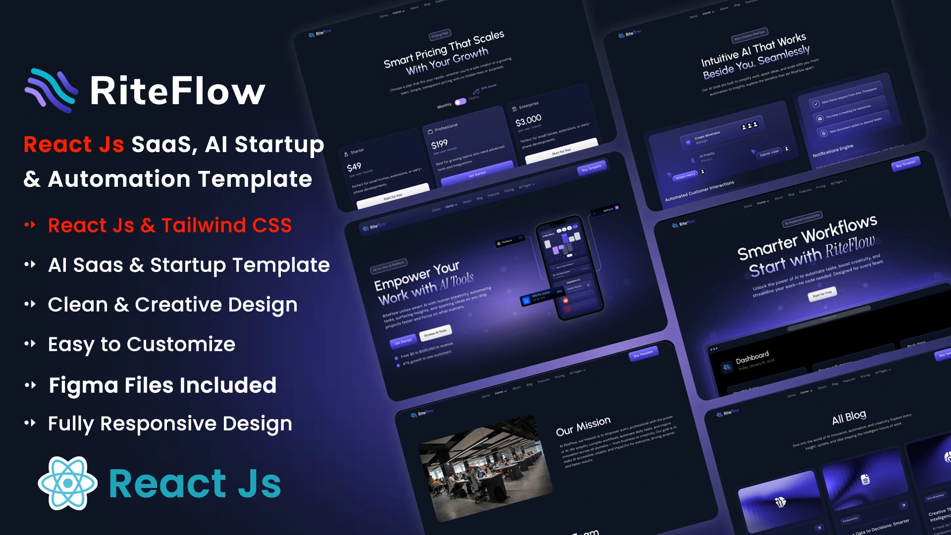 RiteFlow - React AI Startup, SaaS & Automation Tech Business Template