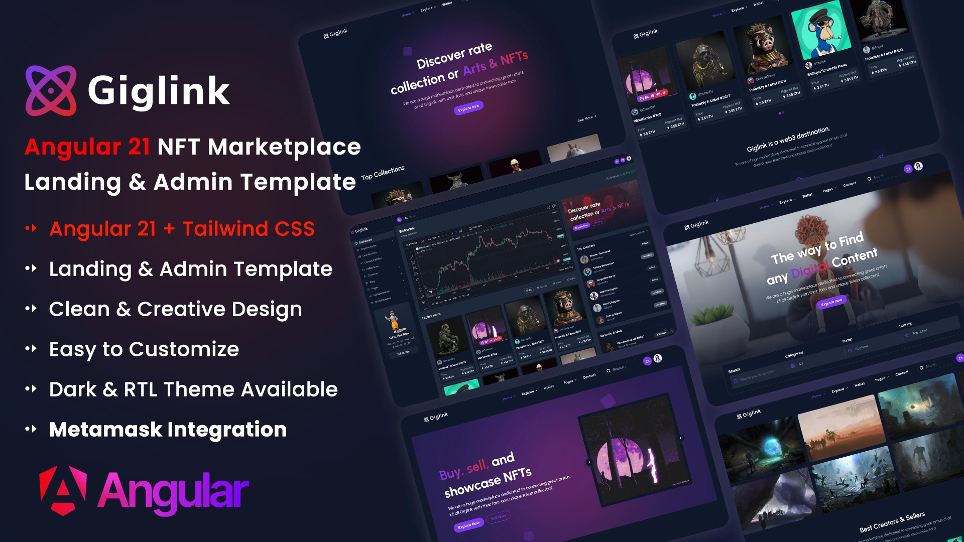Giglink - Angular 21 NFT Marketplace Landing + Admin Dashboard Template