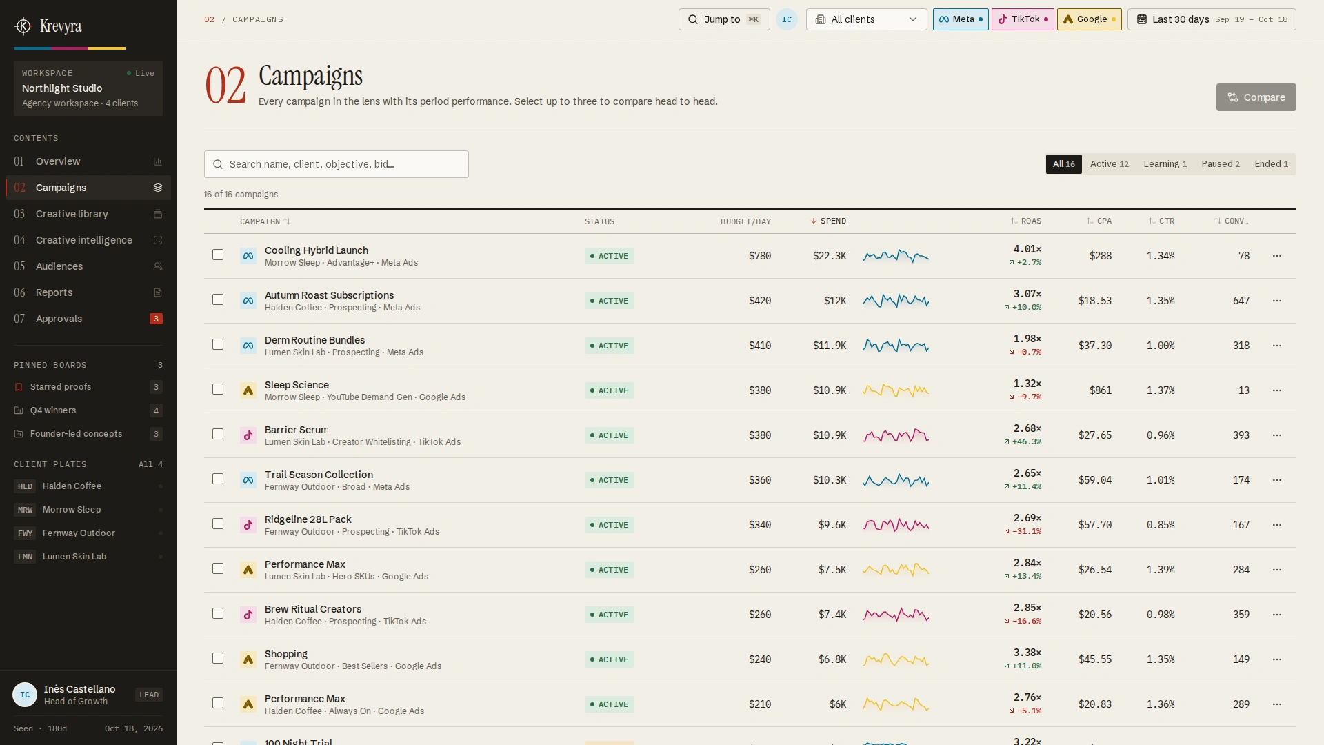 Krevyra - Creative Performance & Ad Analytics Next.js SaaS Template (Screenshot 3 of 13)