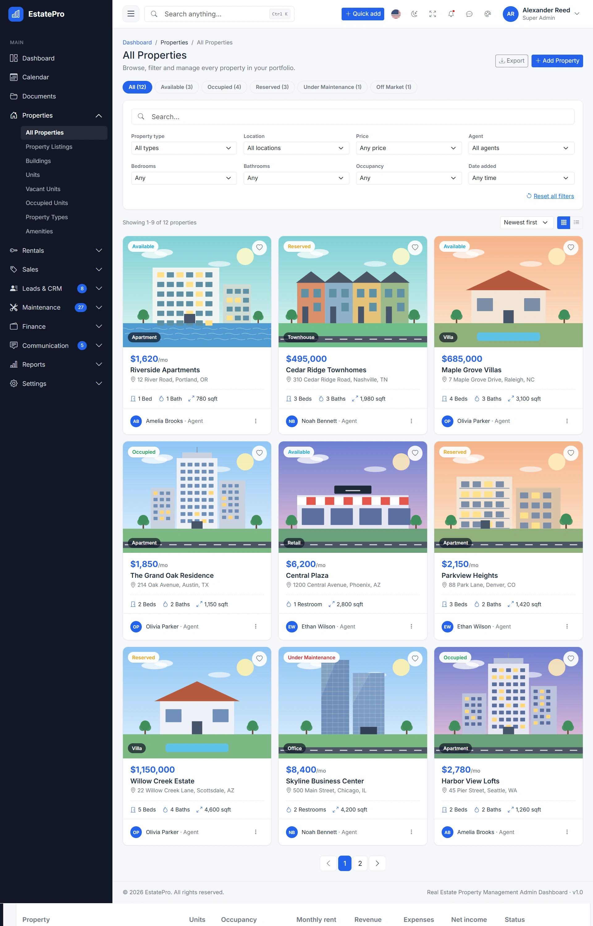 EstatePro - Real Estate Business Management Admin Dashboard Template (Screenshot 2 of 3)