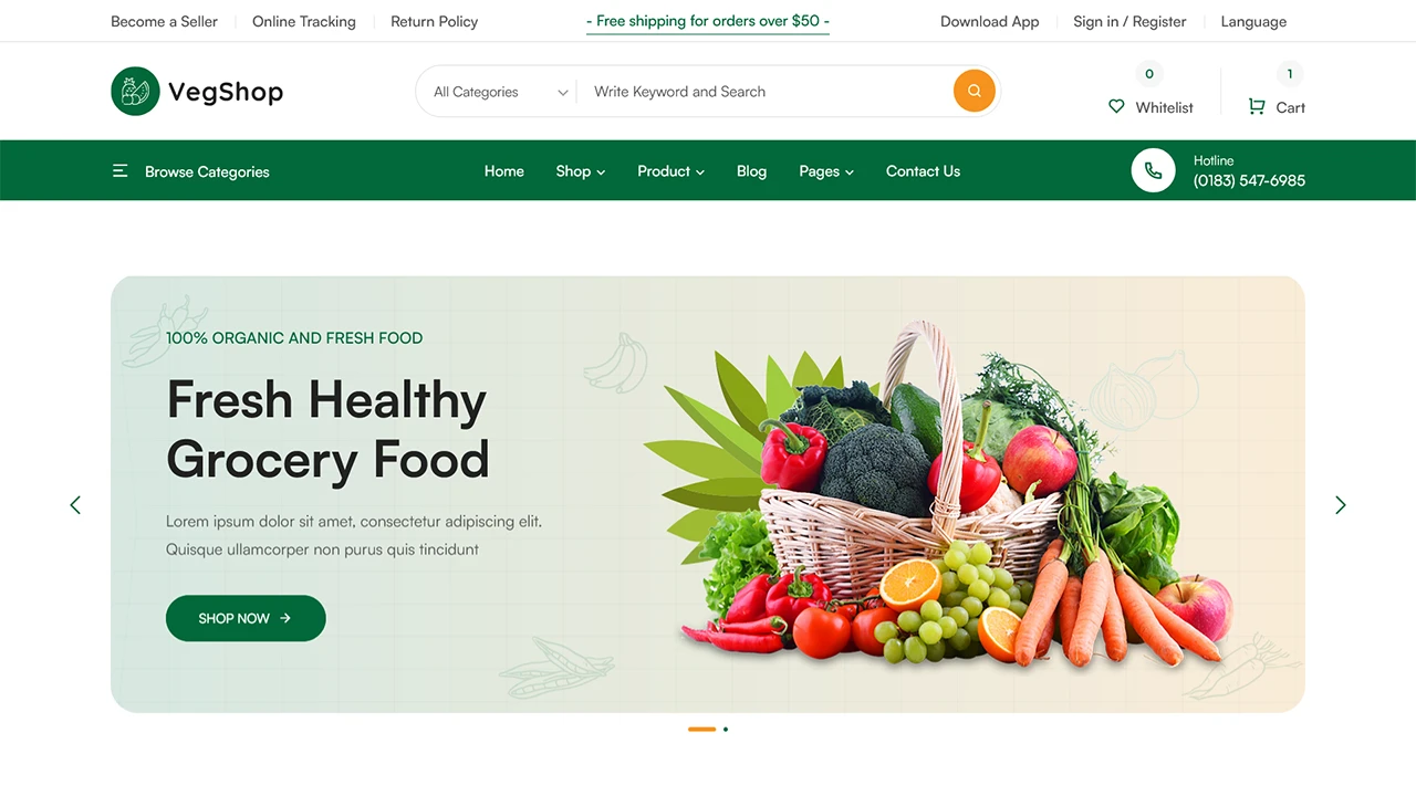 Vegshop - Online Grocery Store & Organic Food eCommerce Website HTML Template