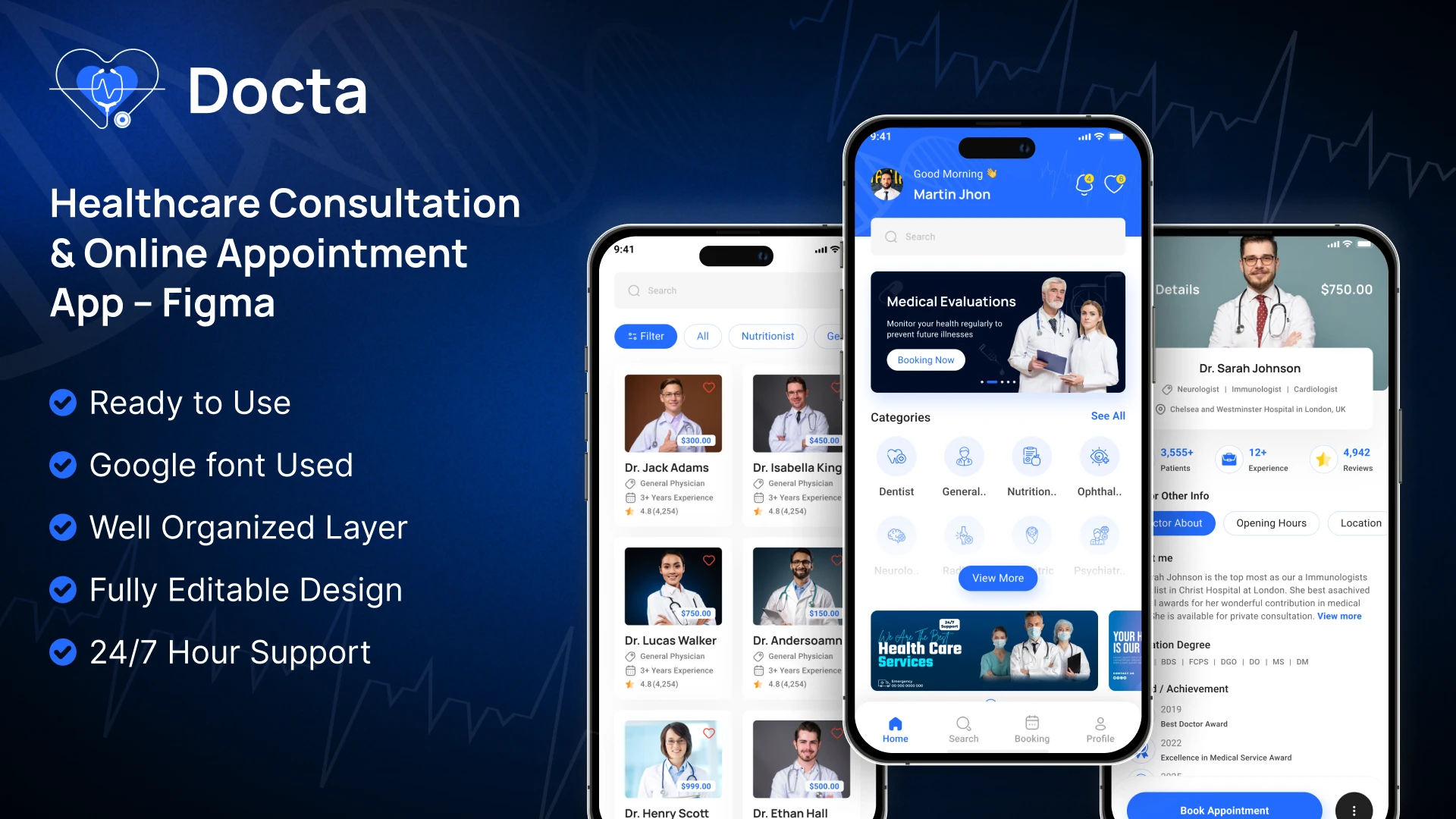 Docta - Healthcare Consultation & Online Appointment App Figma UI Kit