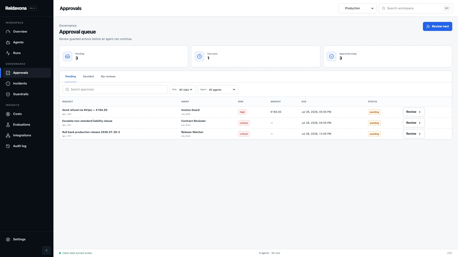 Reldavona - AI Agent Operations & Governance React Template
