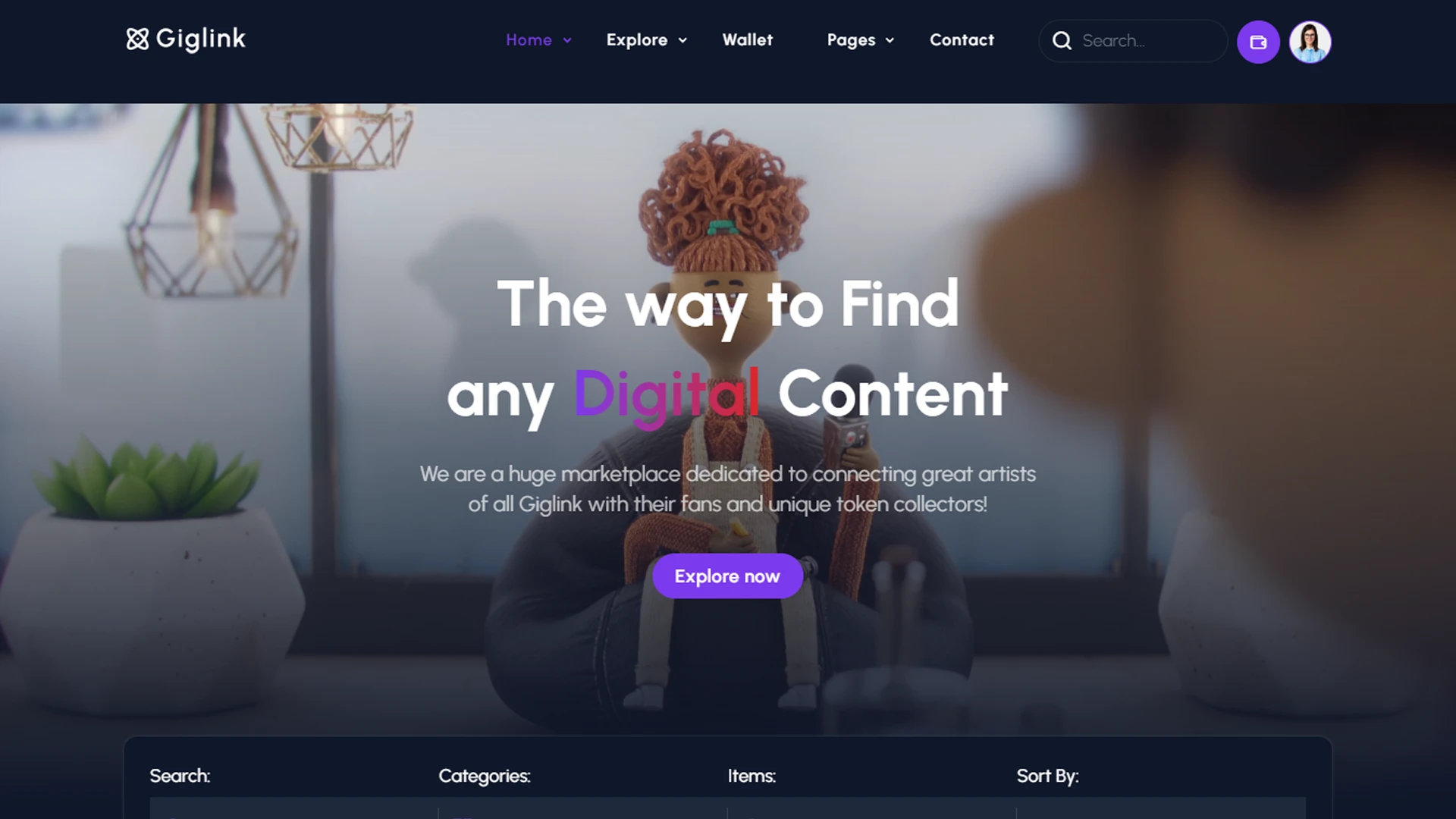 Giglink - NFT Marketplace Landing + Admin Dashboard Template