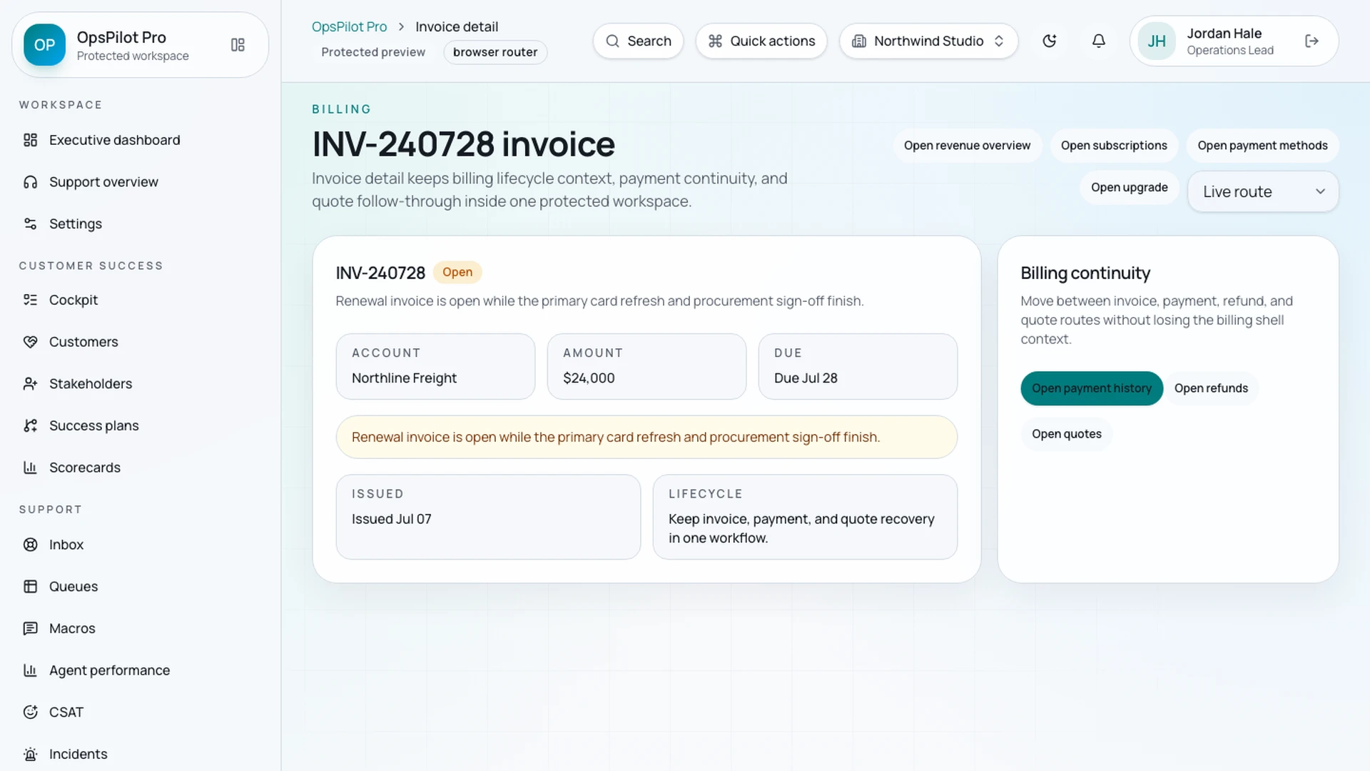 OpsPilot Pro - React CRM, Support, Billing & Admin Dashboard