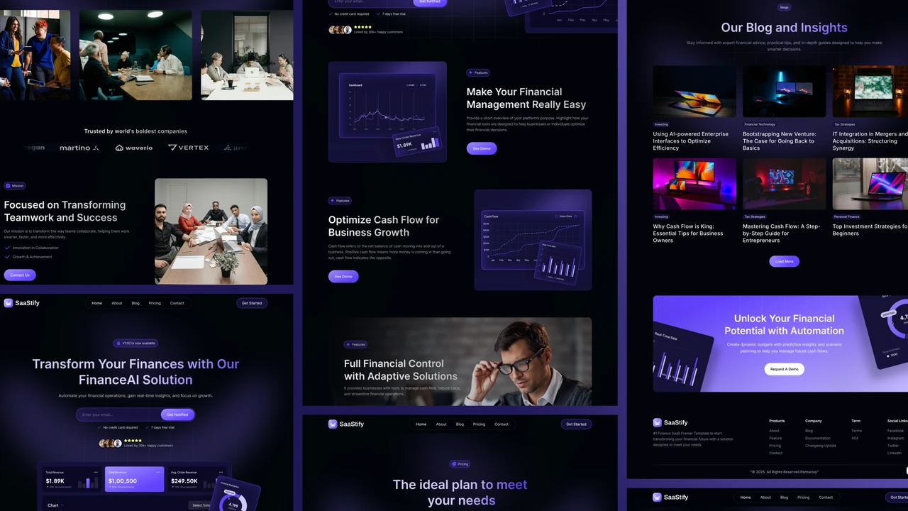 Saastify - Dark SaaS Startup Framer & HTML Template Figma Included