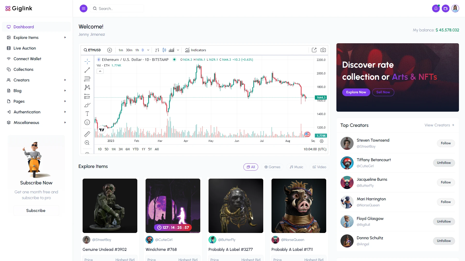 Giglink - Angular 21 NFT Marketplace Landing + Admin Dashboard Template