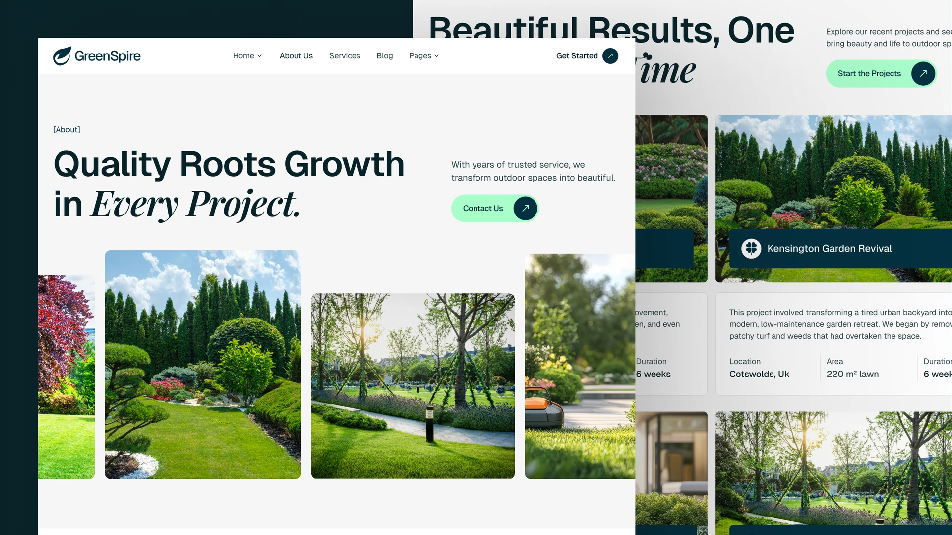 GreenSpire - Landscaping, Lawn Mowing & Gardening Framer and Figma Template