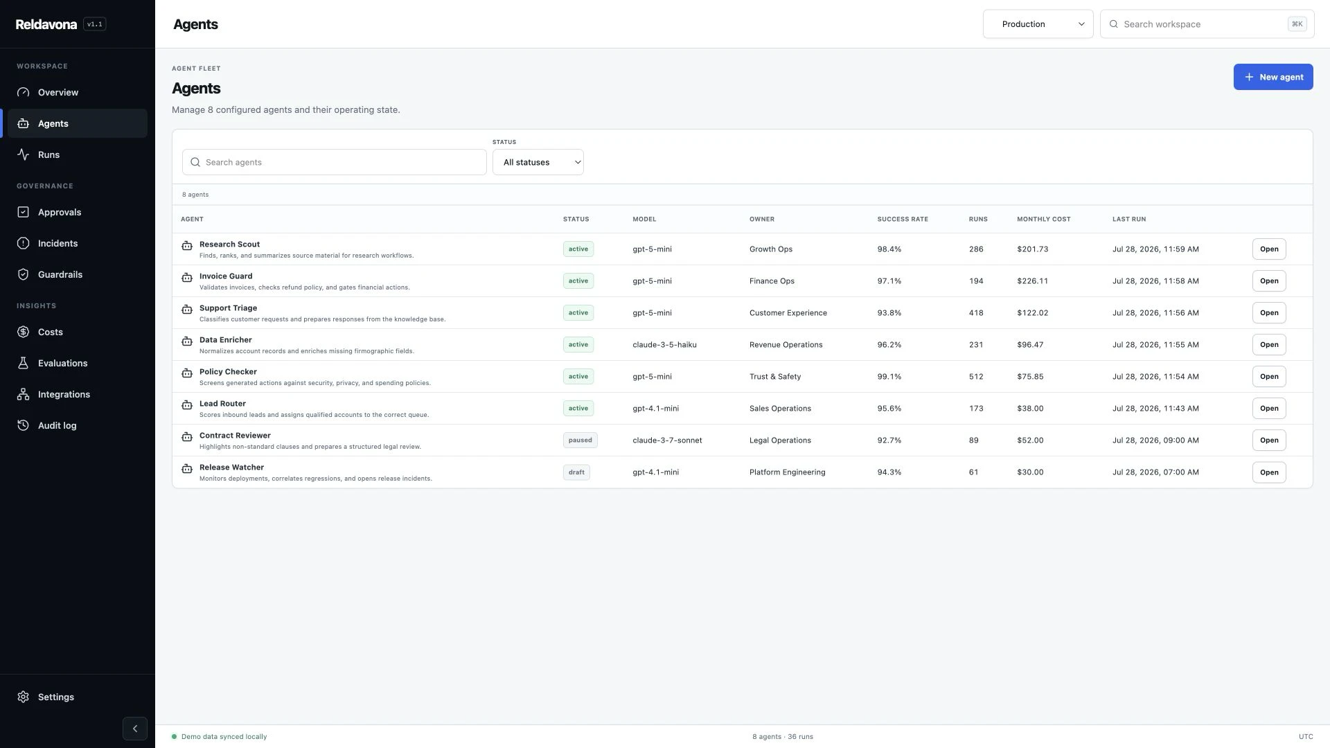 Reldavona - AI Agent Operations & Governance React Template