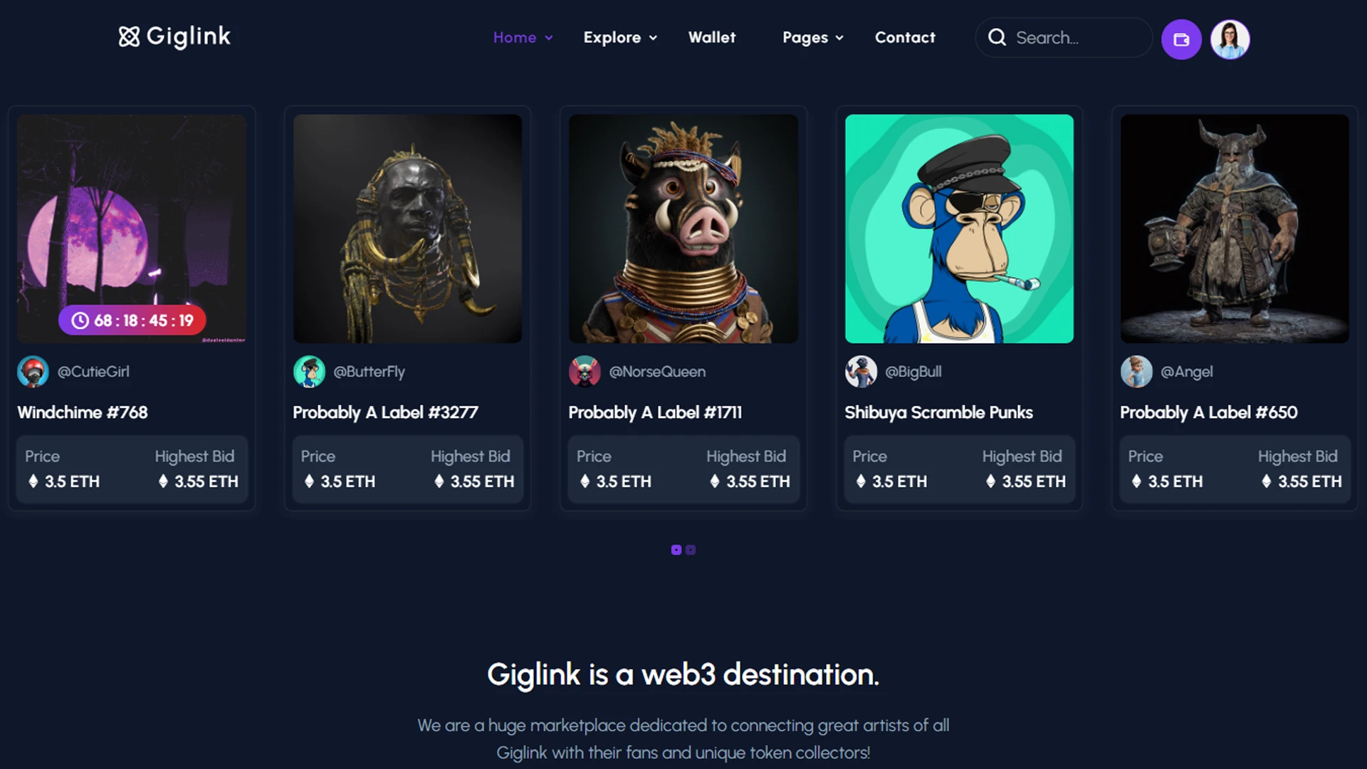 Giglink - Angular 21 NFT Marketplace Landing + Admin Dashboard Template