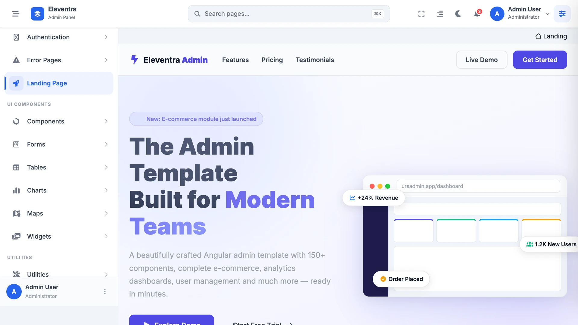 Eleventra - Angular 21 Admin Dashboard Template + UI Kit + 90+ Pages