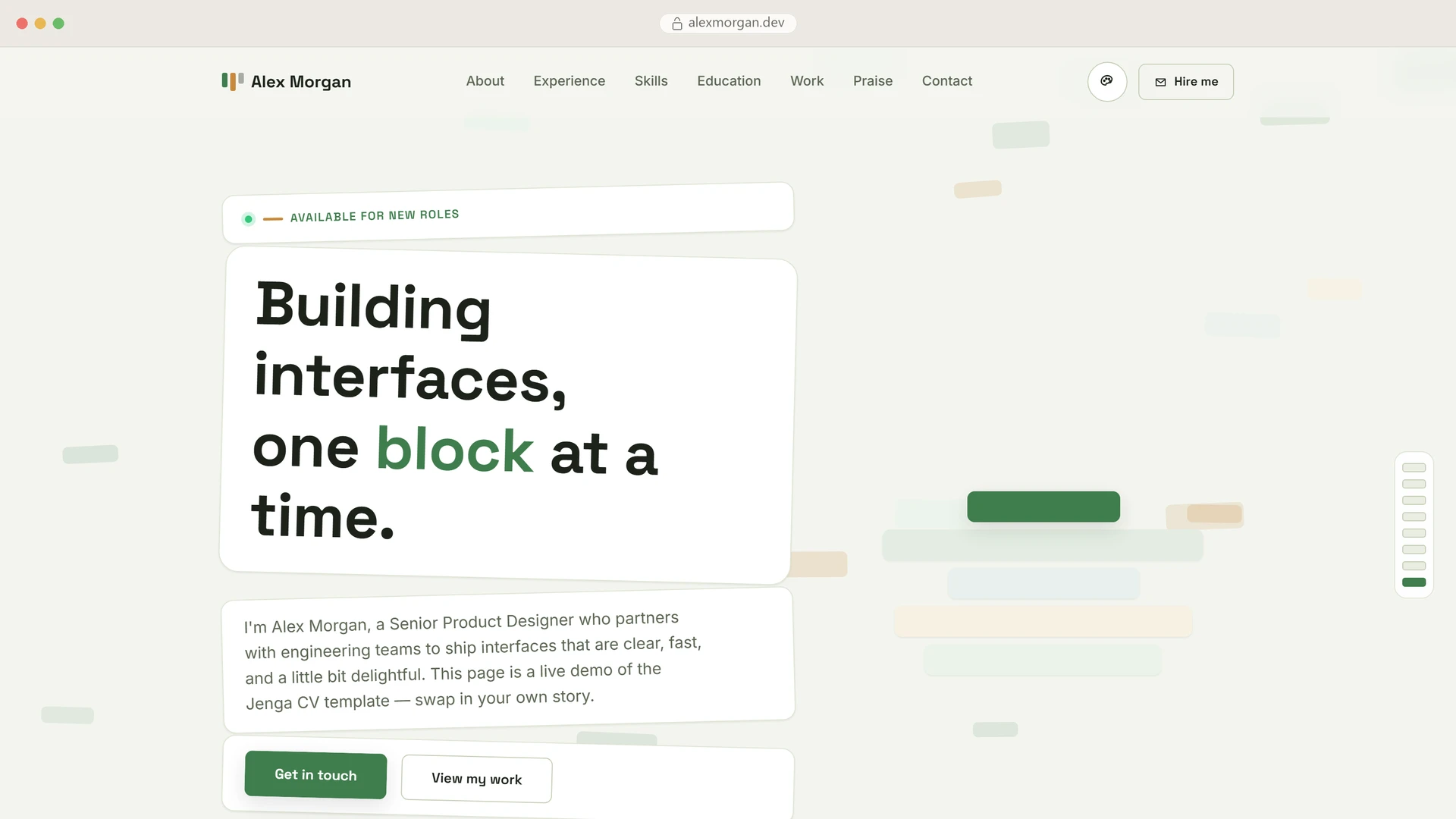 Jenga CV - Scroll-Animated HTML Resume Template