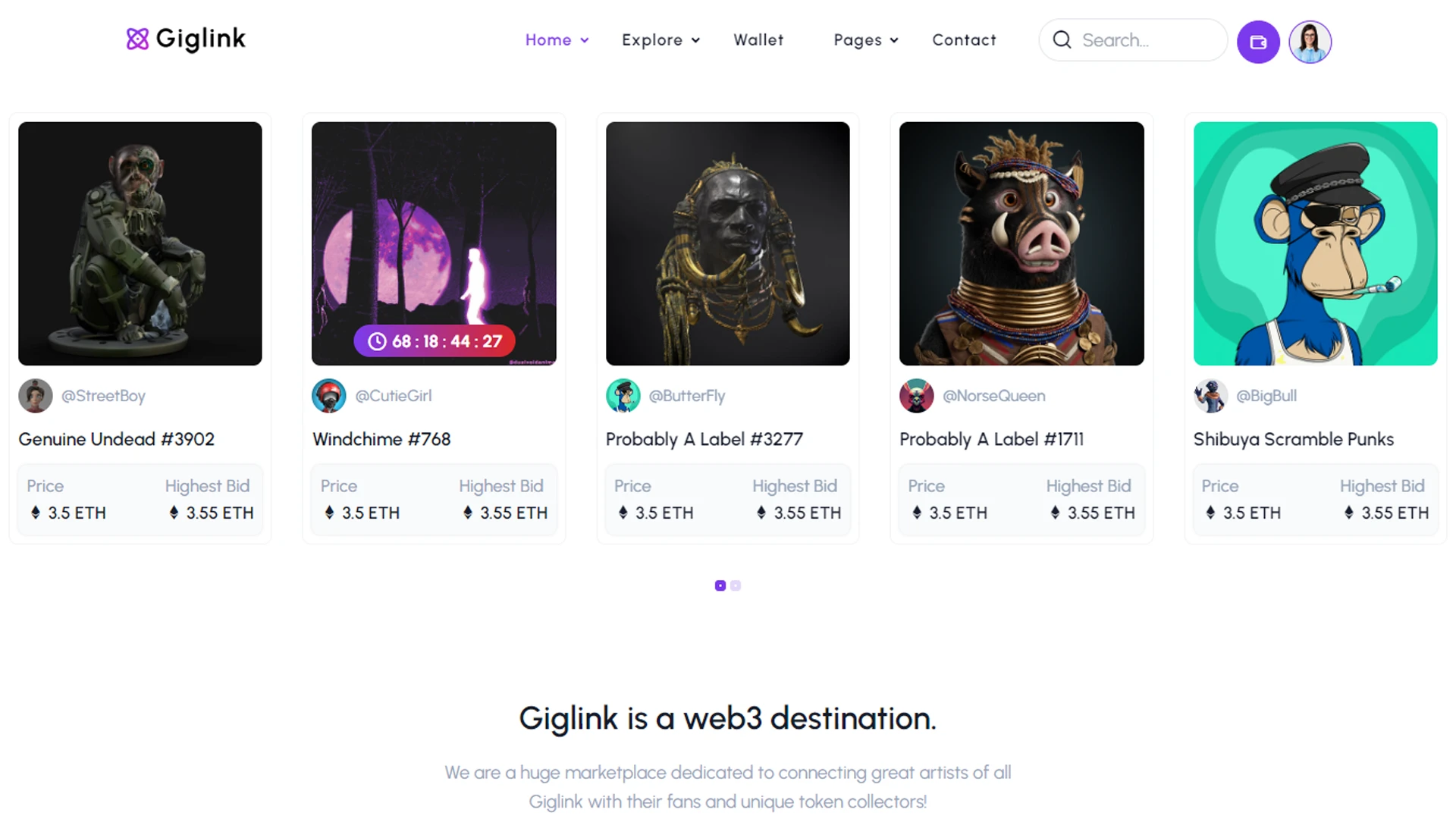 Giglink - NFT Marketplace Landing + Admin Dashboard Template