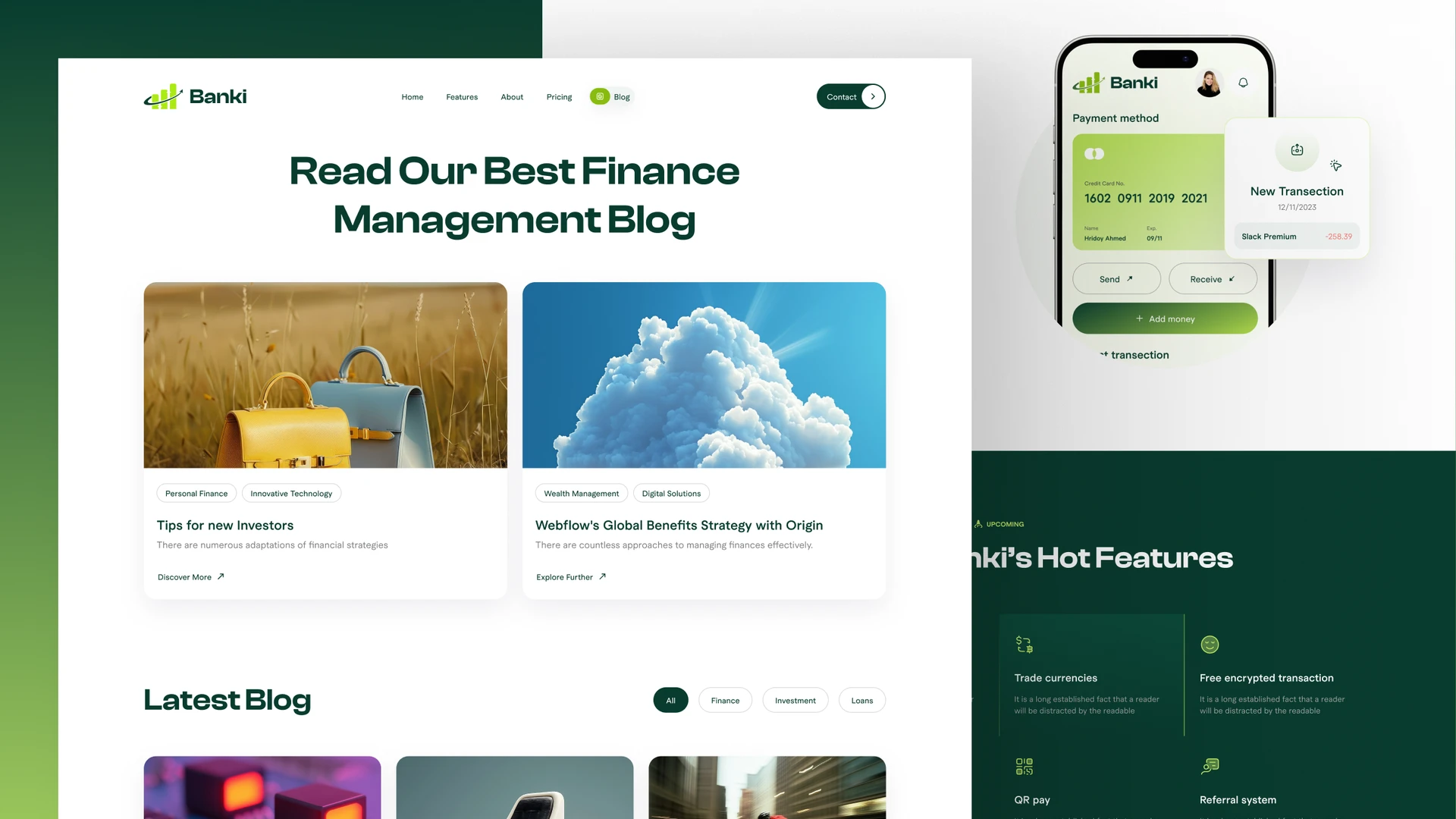 Banki - Fintech Banking, Finance & Investment Framer Template Figma Included