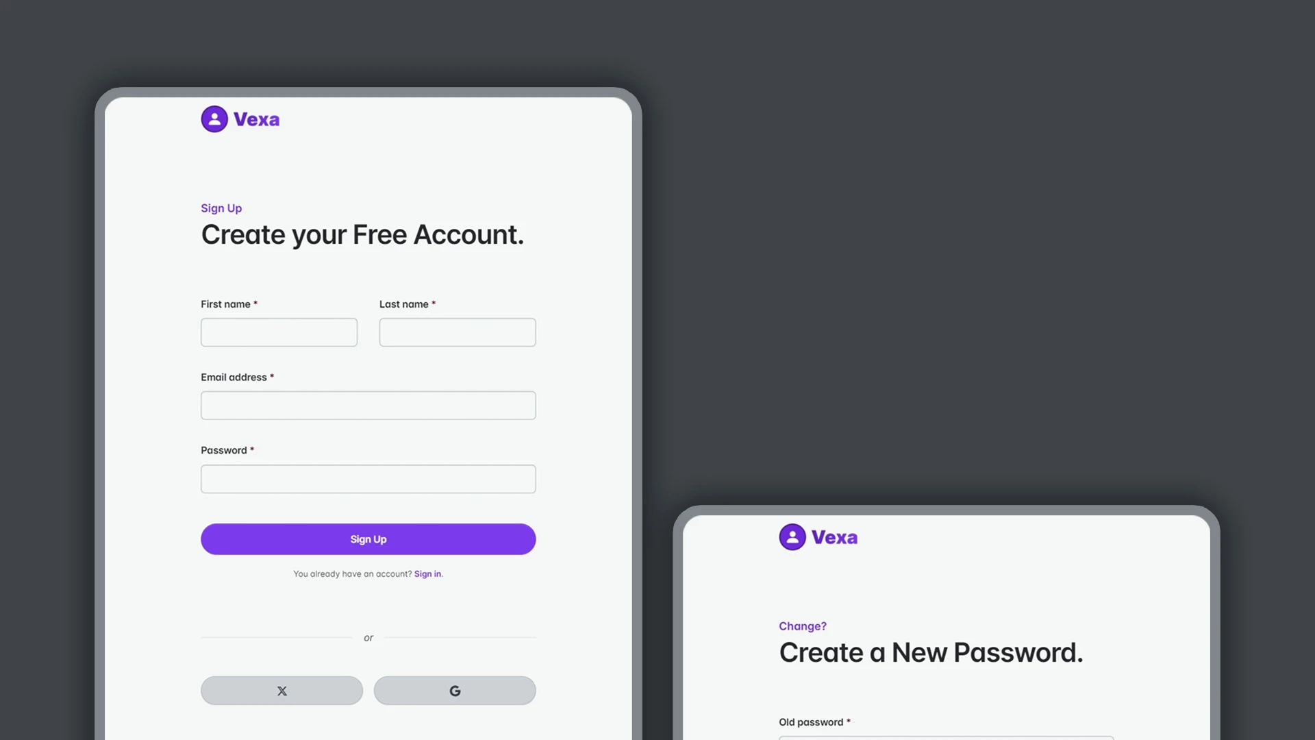 Vexa - HTML Pages for Sign In, Sign Up, 2FA, Reset & Change Password Actions