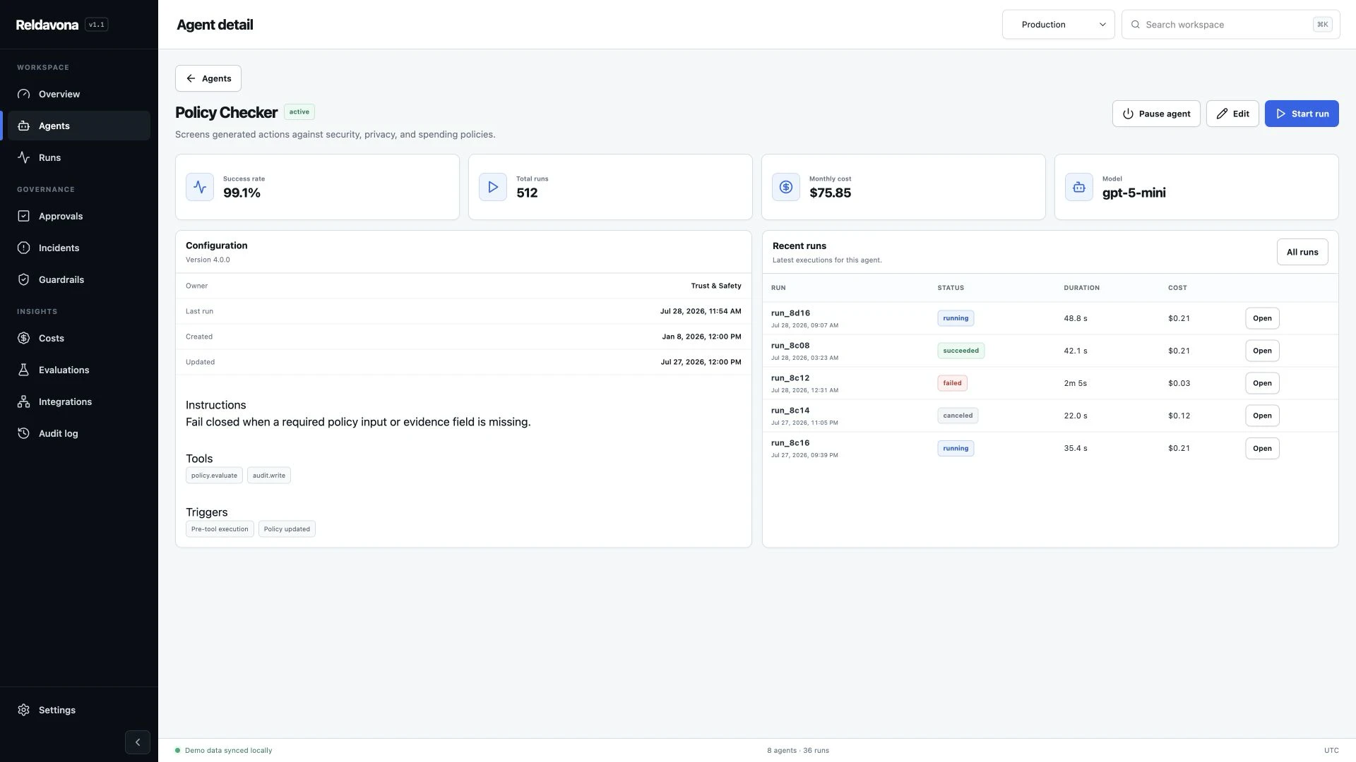 Reldavona - AI Agent Operations & Governance React Template