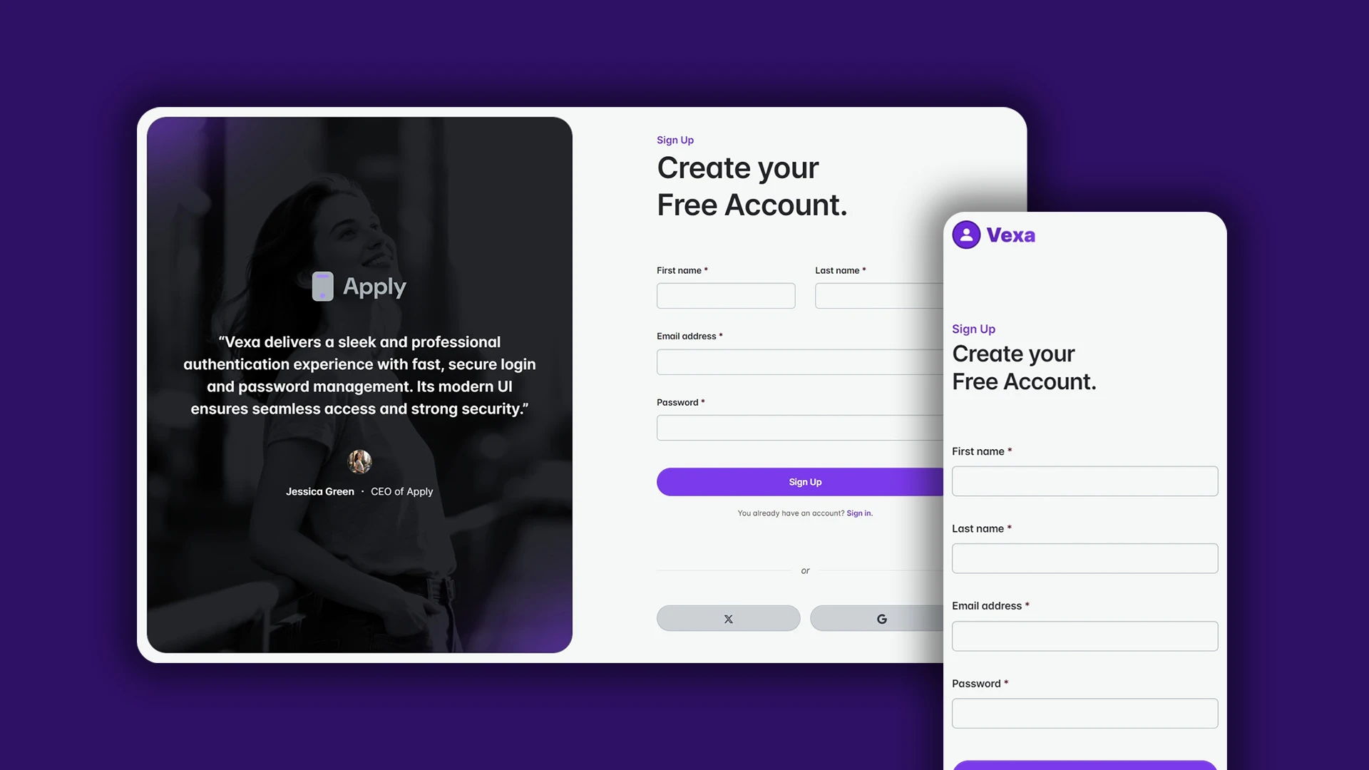 Vexa - HTML Pages for Sign In, Sign Up, 2FA, Reset & Change Password Actions
