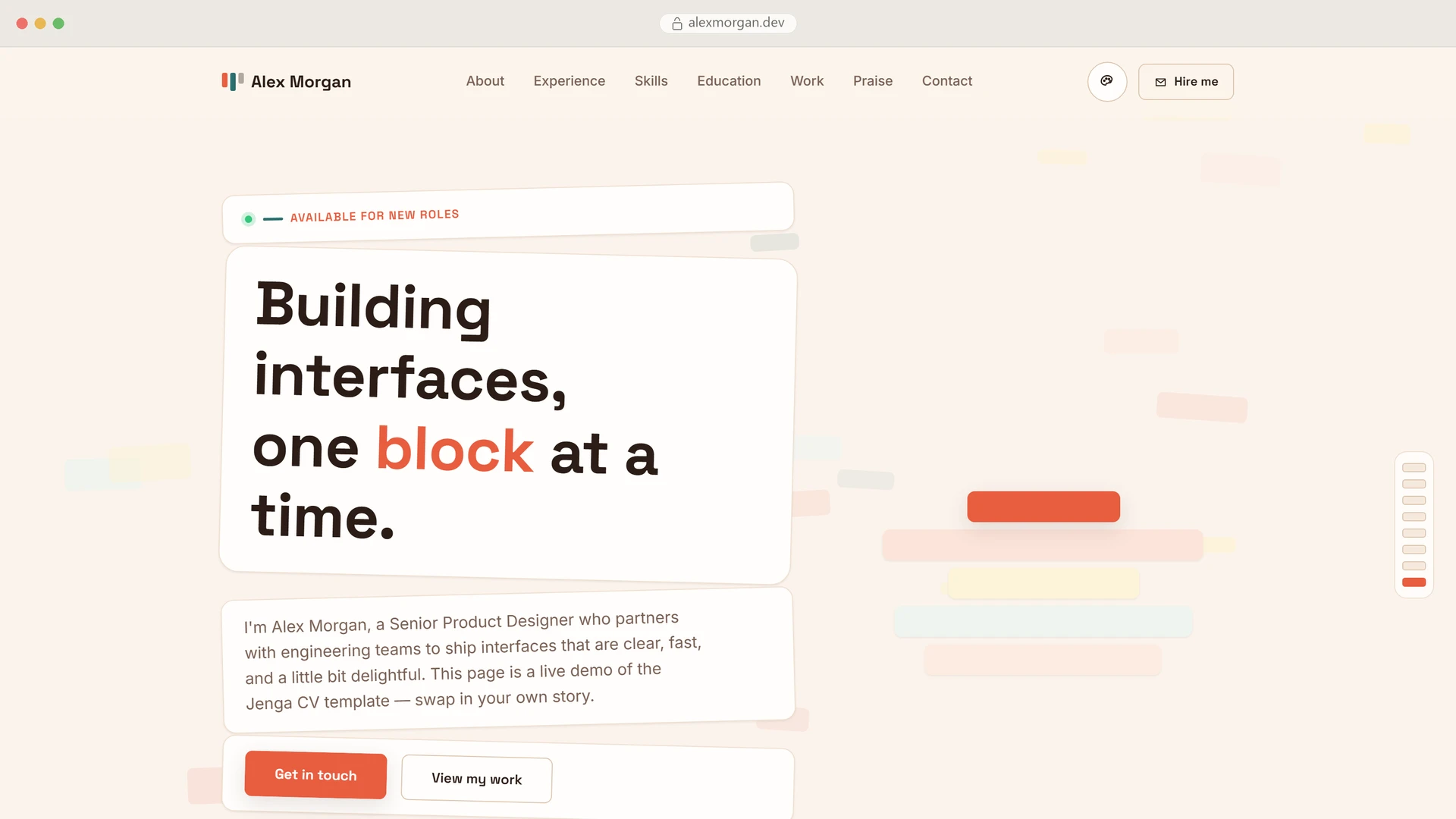 Jenga CV - Scroll-Animated HTML Resume Template