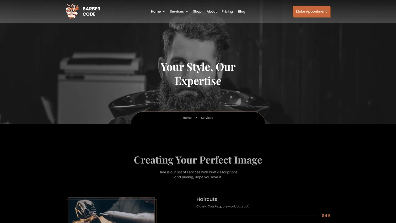 Barber Code - Barber Services and eCommerce Figma Template