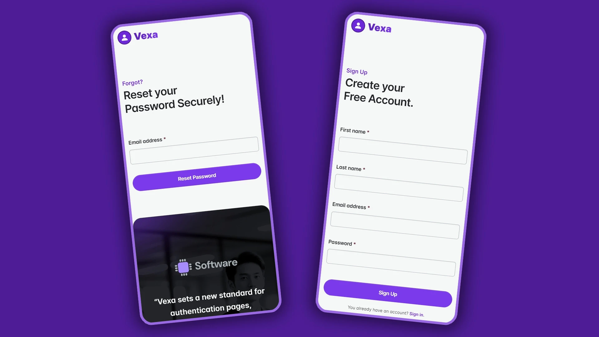 Vexa - HTML Pages for Sign In, Sign Up, 2FA, Reset & Change Password Actions