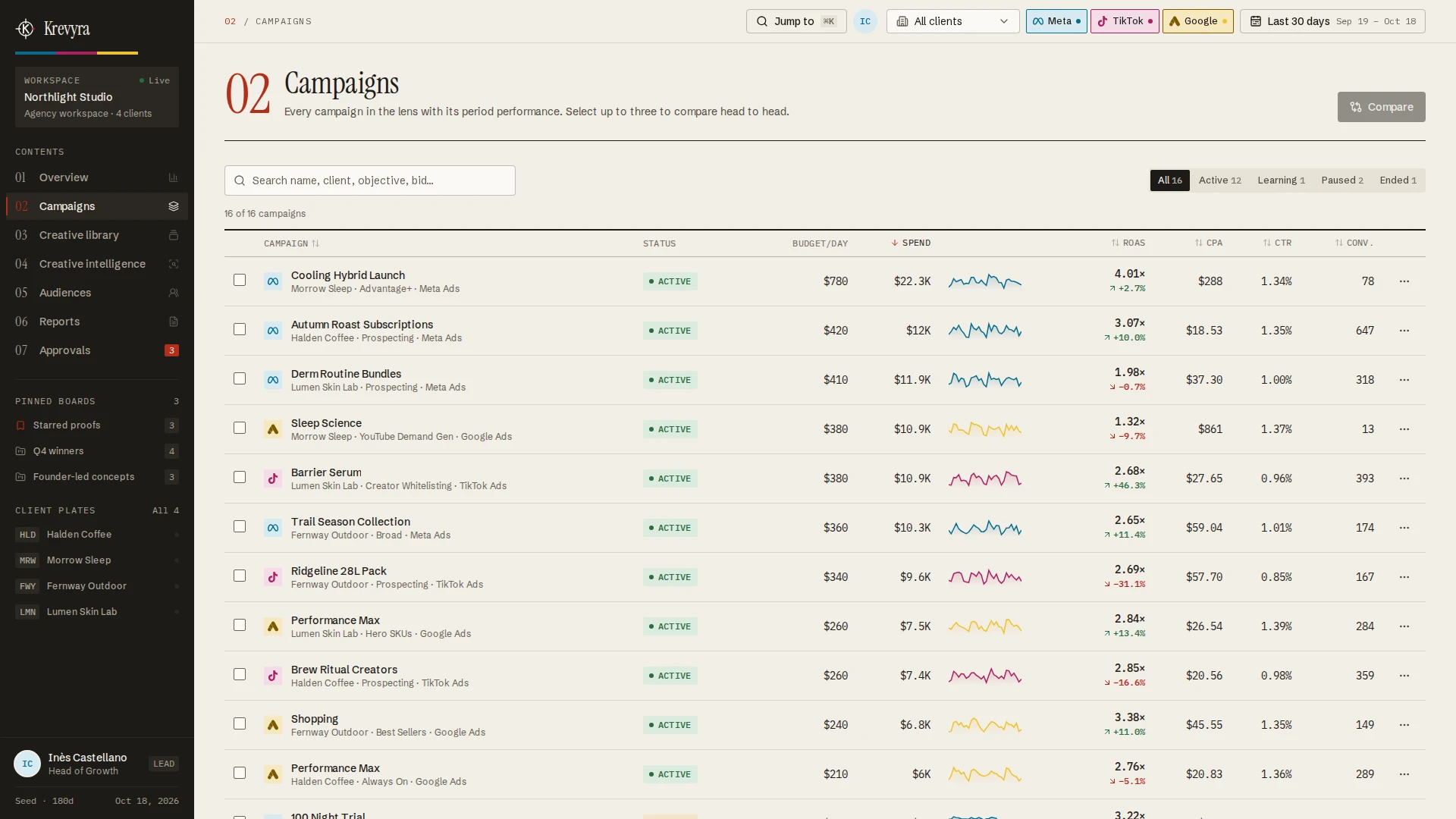 Krevyra - Creative Performance & Ad Analytics Next.js SaaS Template (Screenshot 3 of 13)