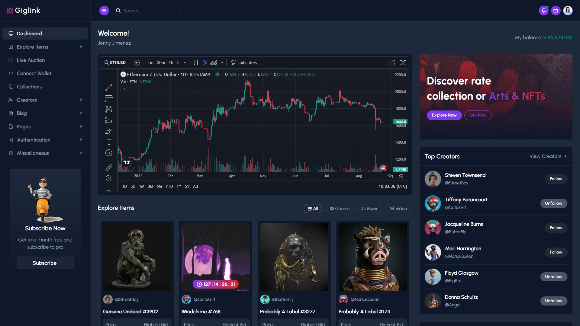 Giglink - Angular 21 NFT Marketplace Landing + Admin Dashboard Template