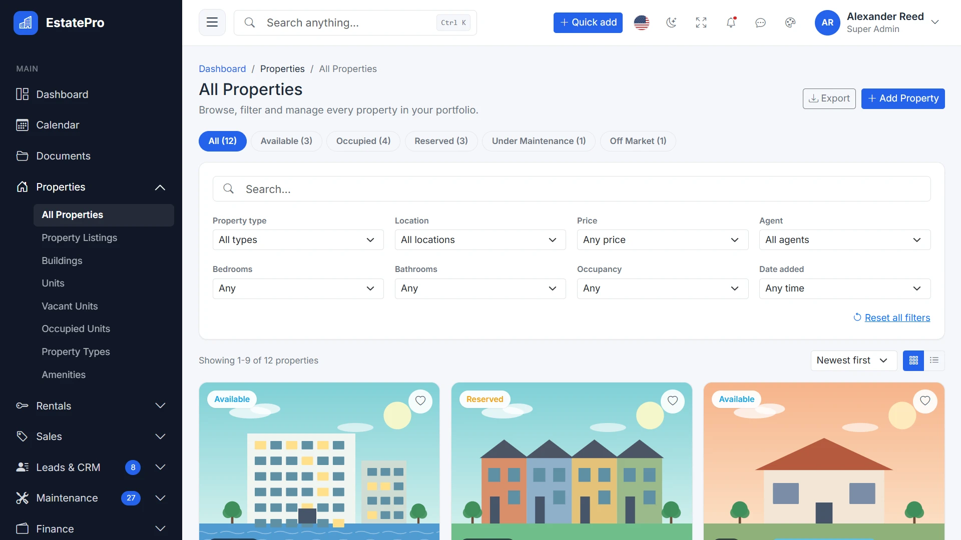 EstatePro - Real Estate Business Management Admin Dashboard Template (Screenshot 2 of 3)
