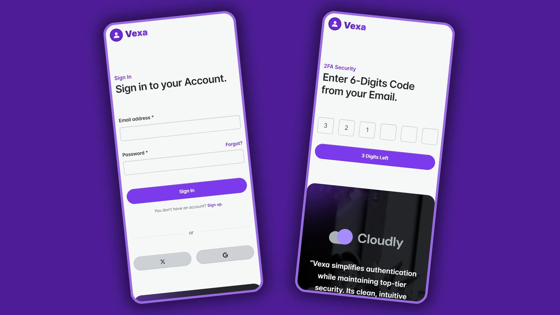 Vexa - HTML Pages for Sign In, Sign Up, 2FA, Reset & Change Password Actions