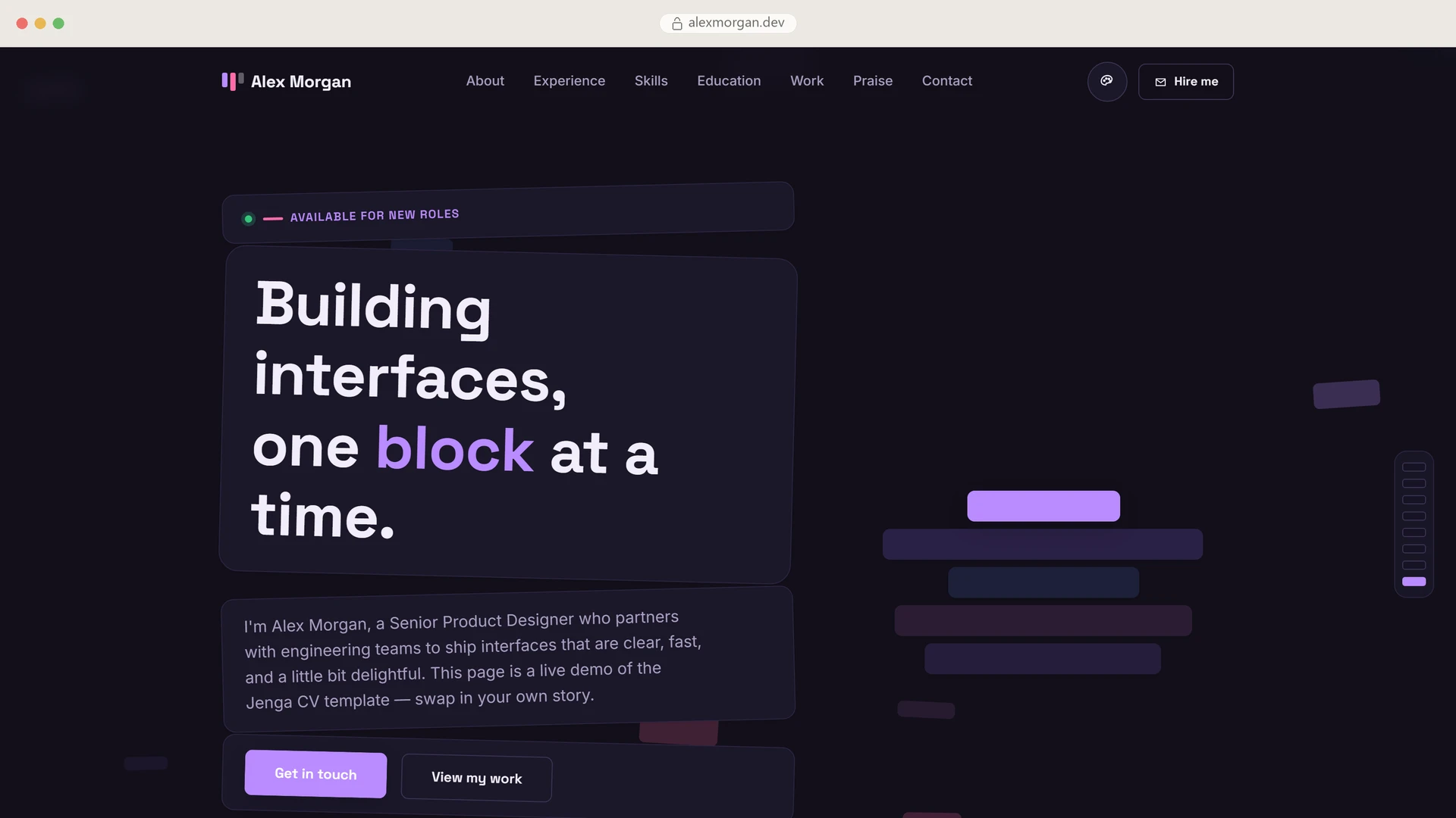 Jenga CV - Scroll-Animated HTML Resume Template