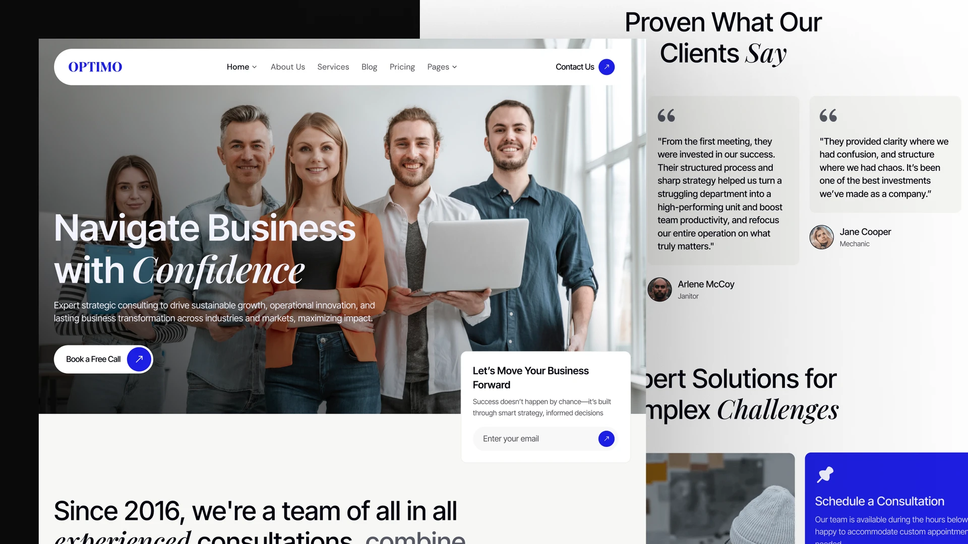 Optimo - Business Consultation & Professional Training Framer & Figma Template