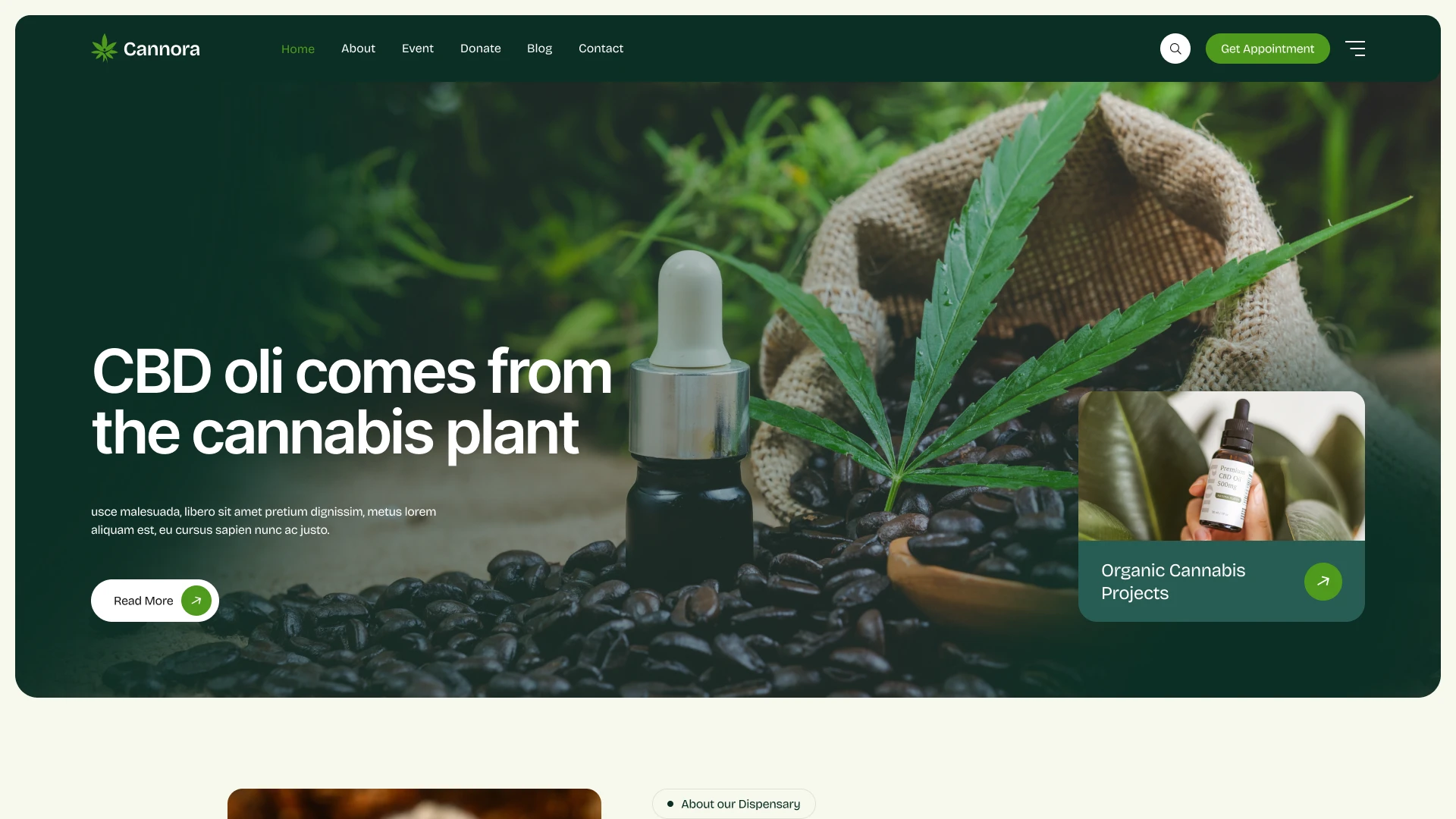Cannora - Cannabis & Marijuana Dispensary Figma Template (Screenshot 1 of 1)