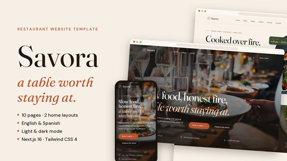 Savora - Restaurant & Cafe Website Template with Next.js and Tailwind CSS