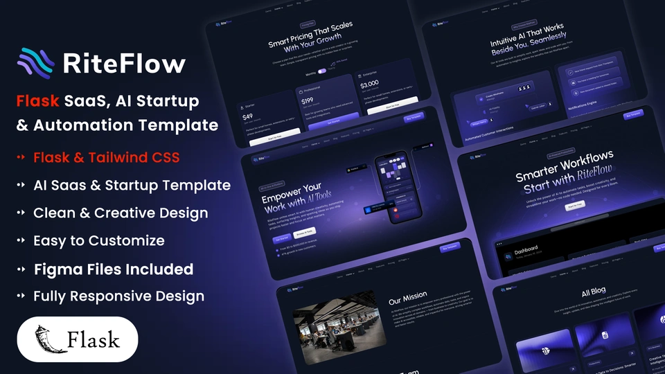 RiteFlow - Flask AI Startup, SaaS & Automation Tech Business Template