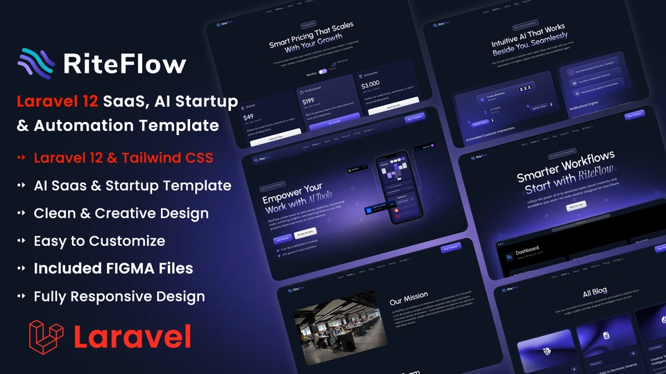 RiteFlow - Laravel 12 AI Startup, SaaS & Automation Tech Business Template